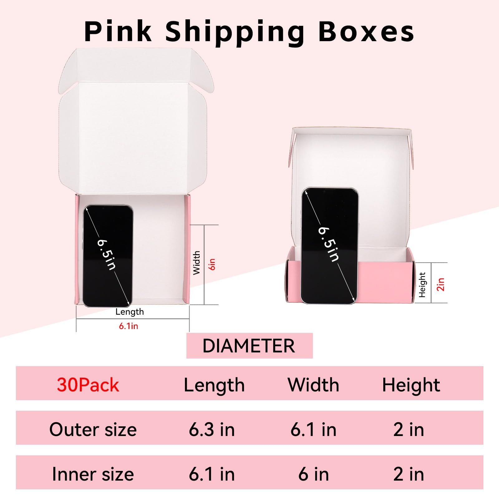 OUGEBOX Pink Shipping Boxes Small Business 6x6x2 30 Pack Corrugated Cardboard Ma