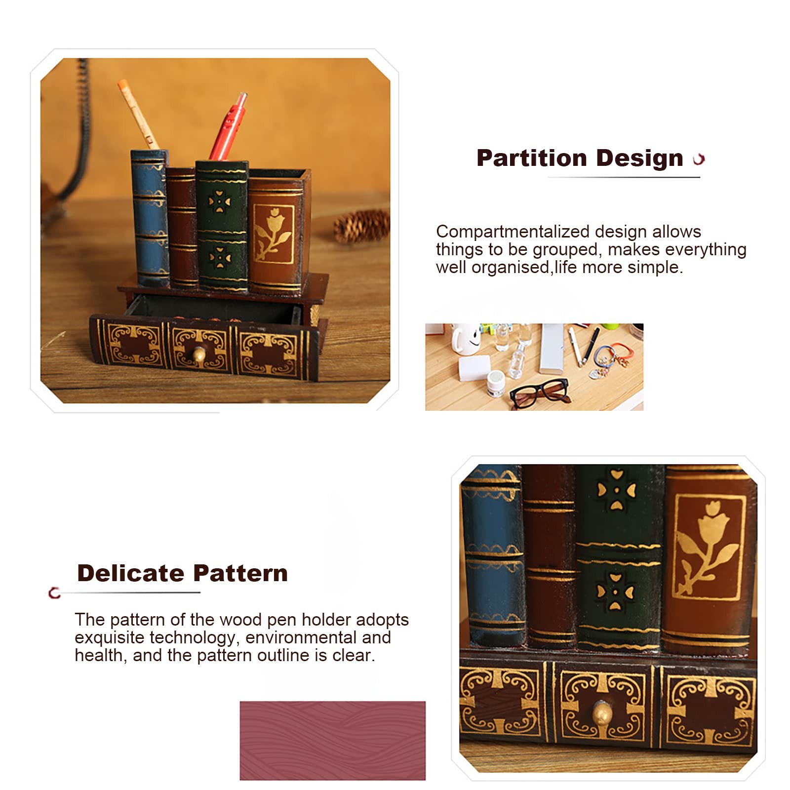 Sokelinn-six Wood Pen Holder Library Book Shaped, Wooden Pencil Holders brown