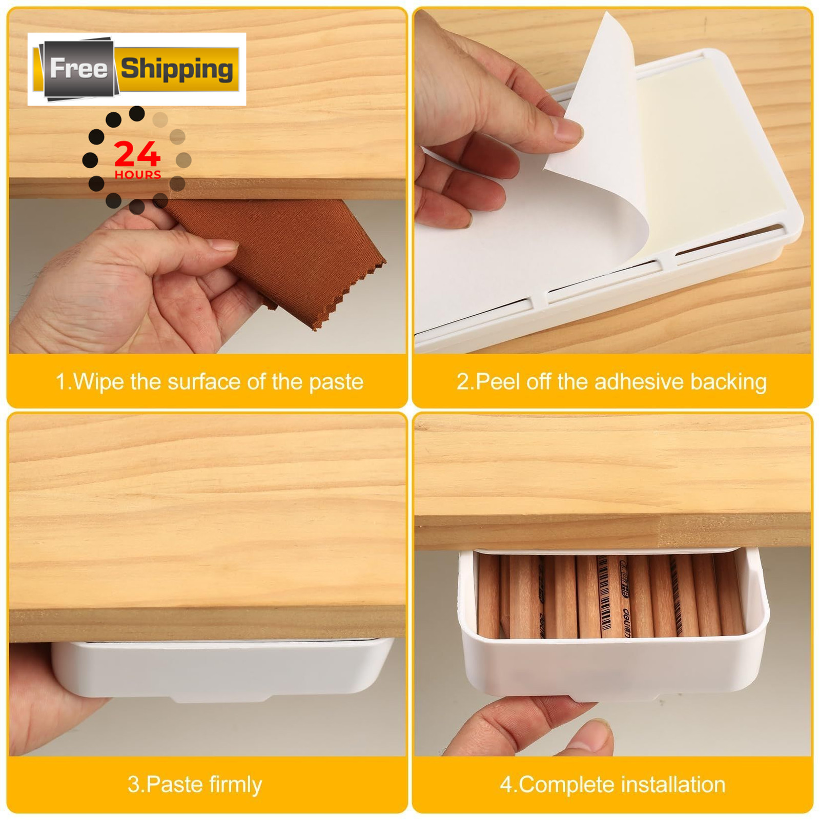 2pcs Under Desk Drawers – Self-Adhesive Hidden 8.85×5.7×1.41 inch, White