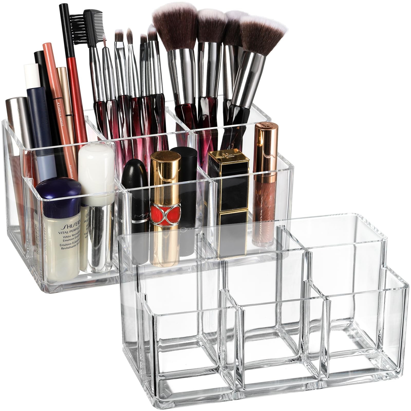 Foraineam 2 Pack Acrylic Makeup Brushes Holder with 6 Slots, Clear Pen clear