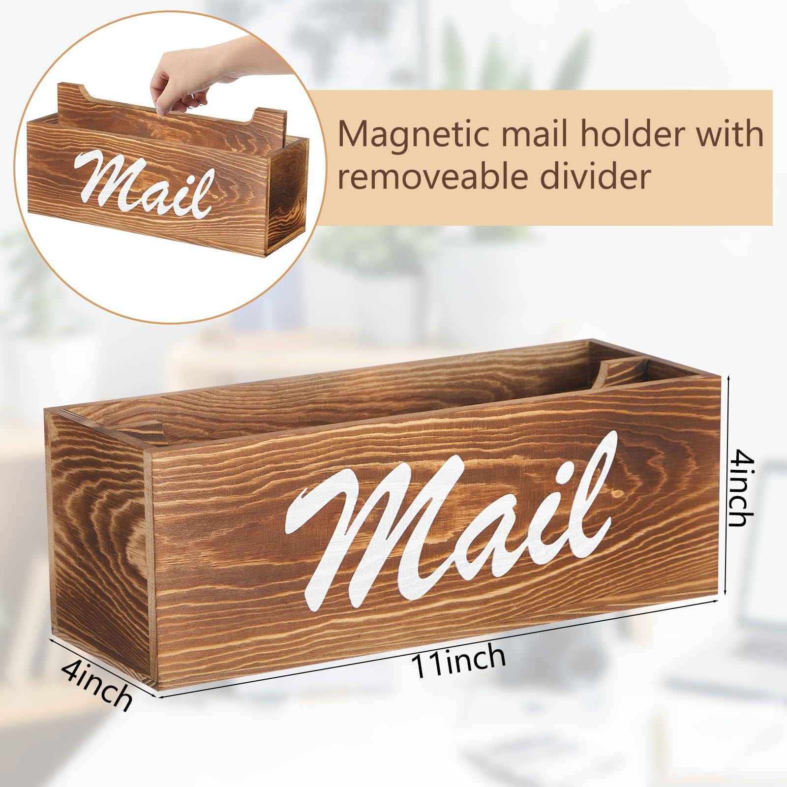 Wood Magnetic Mail Organizer Farmhouse Mail Holder for Fridge Rustic Paper Ba…