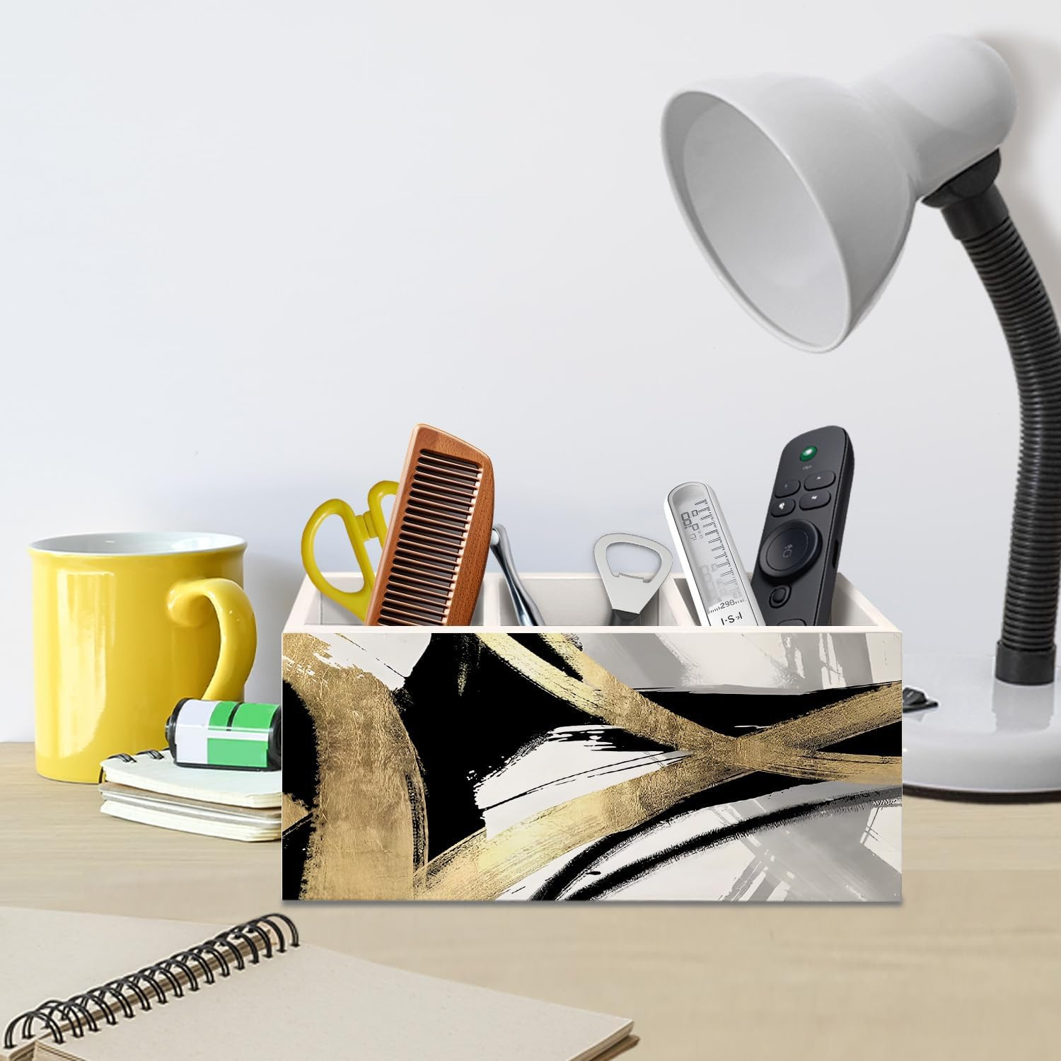 Black White and Gold Pen Pencil Holder for Boho Modern Desk Decor, Abstract Blac