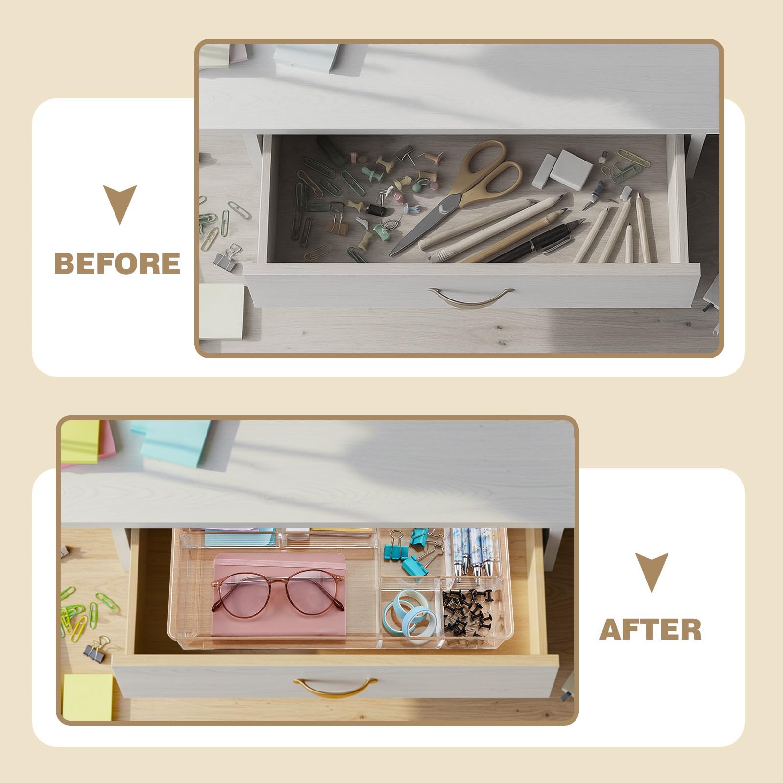 3 Pcs Clear Acrylic Desk Drawer Organizer 13.7×8.7×2 Inch 8 Compartments Tray