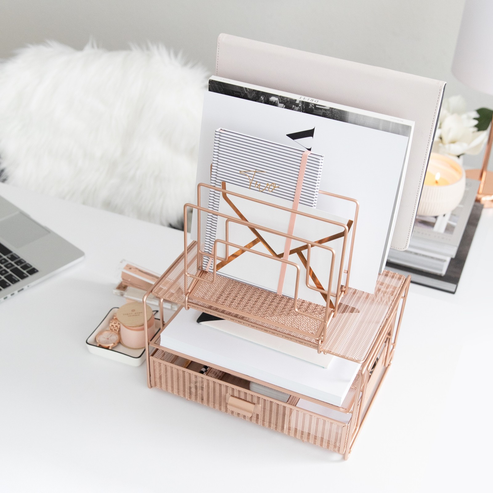 Workspace Rose Gold Desk Organizer and Accessories Desktop Rack with File sorter