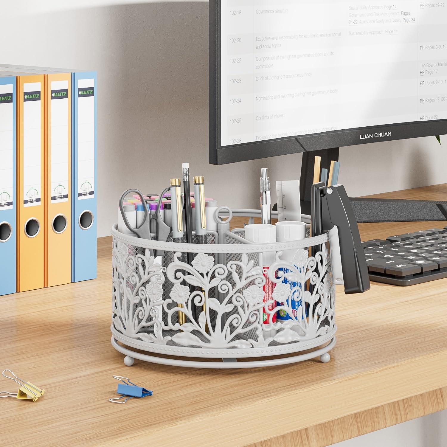 EKNITEY Rotating Mesh Desk Organizer – 4 Slots Cute Pen Pencil Holder White