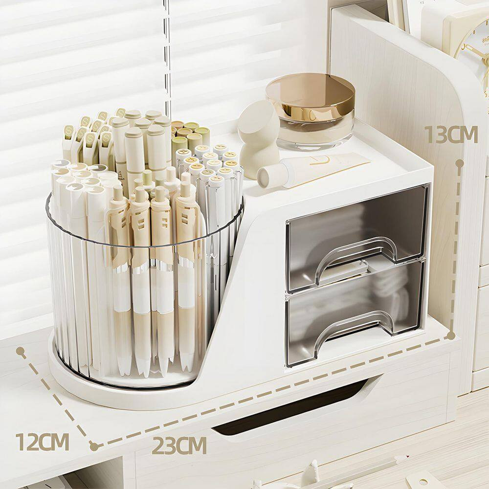 Rotating Desktop Pen Holder 360 Degree 5 Slot Organizer with 2 Drawer Storage fo