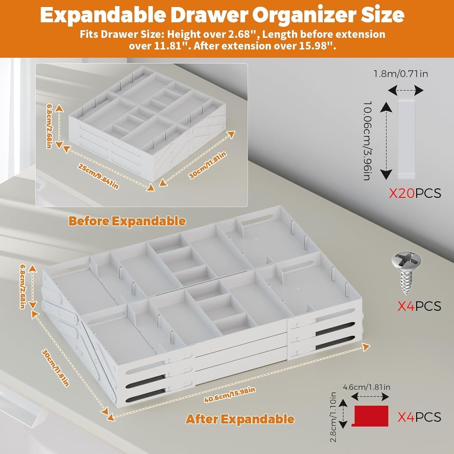 3 Tier Expandable Drawer Organizer Storage 2 Row Desk Makeup Tray Plastic White