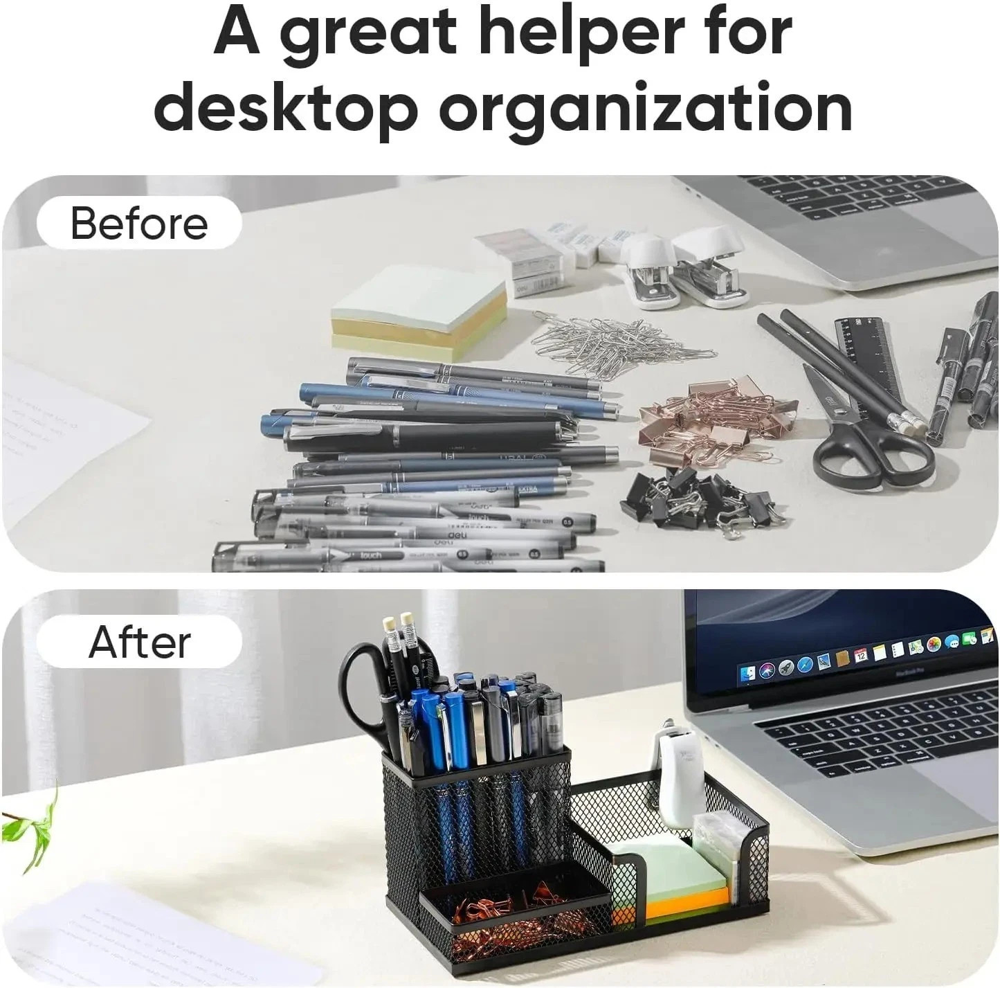 Mesh Desk Organizer Office Supplies Caddy with Pencil Holder and Storage Basket