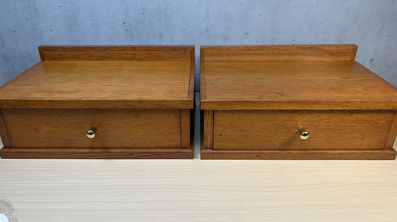 2 Vintage Scandinavian-style wooden shelf small desk organizer Brass Knob Oak
