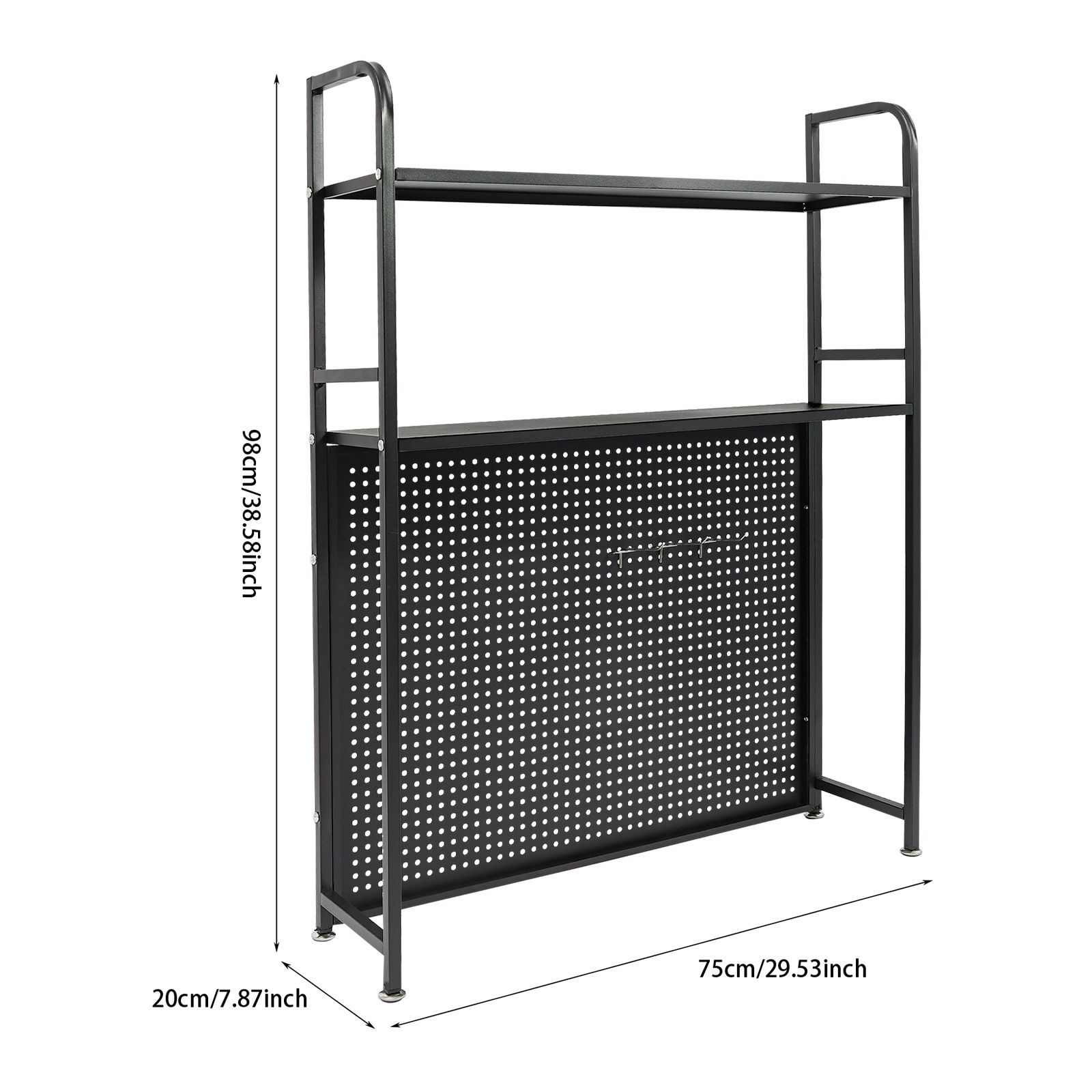 2-Tier Desktop Storage Rack with 3 Hooks, Black Carbon Steel Tabletop Shelf