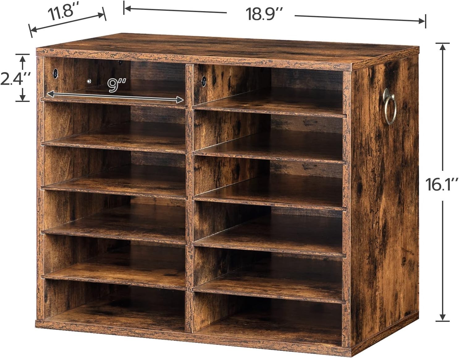 NEW 12 Compartment Wood Literature Organizer Mail Sorter Rustic Brown
