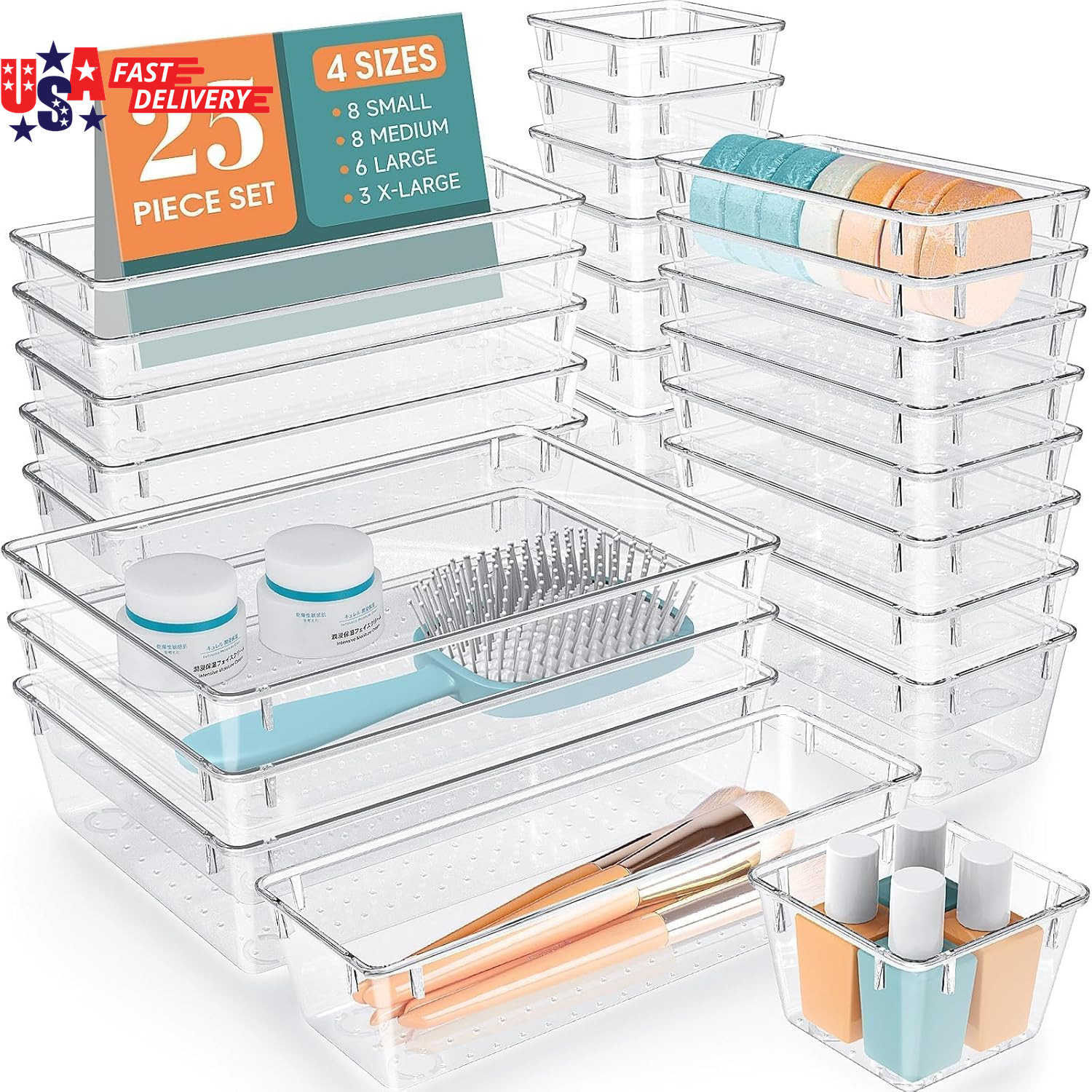 25 PCS Clear Plastic Drawer Organizer Set, 4 Sizes Desk Drawer Divider Organizer