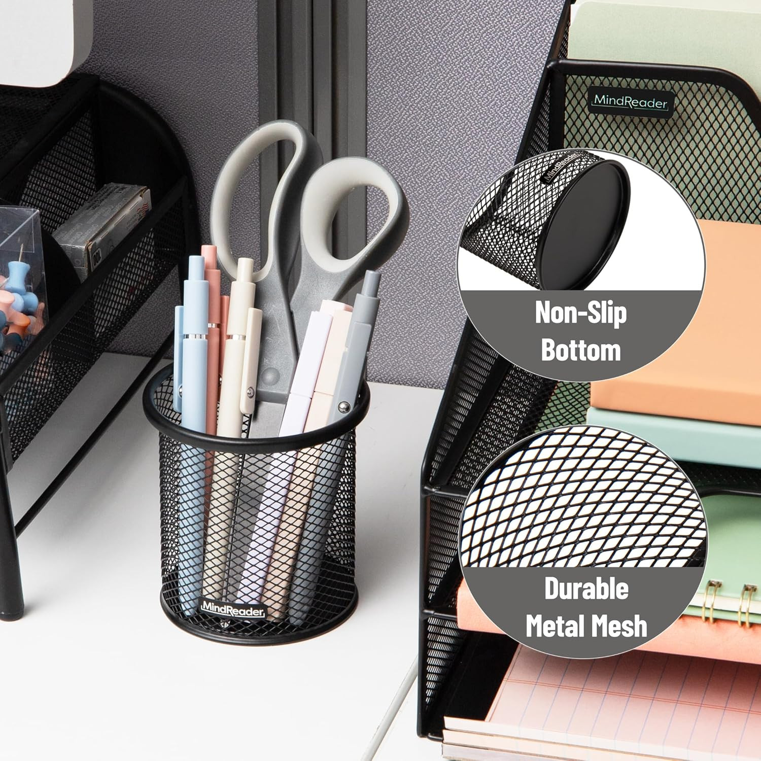 Pen and Accessories Holder, Desktop Organizer, Office, Metal Mesh, 3.5″L X 3.5″W