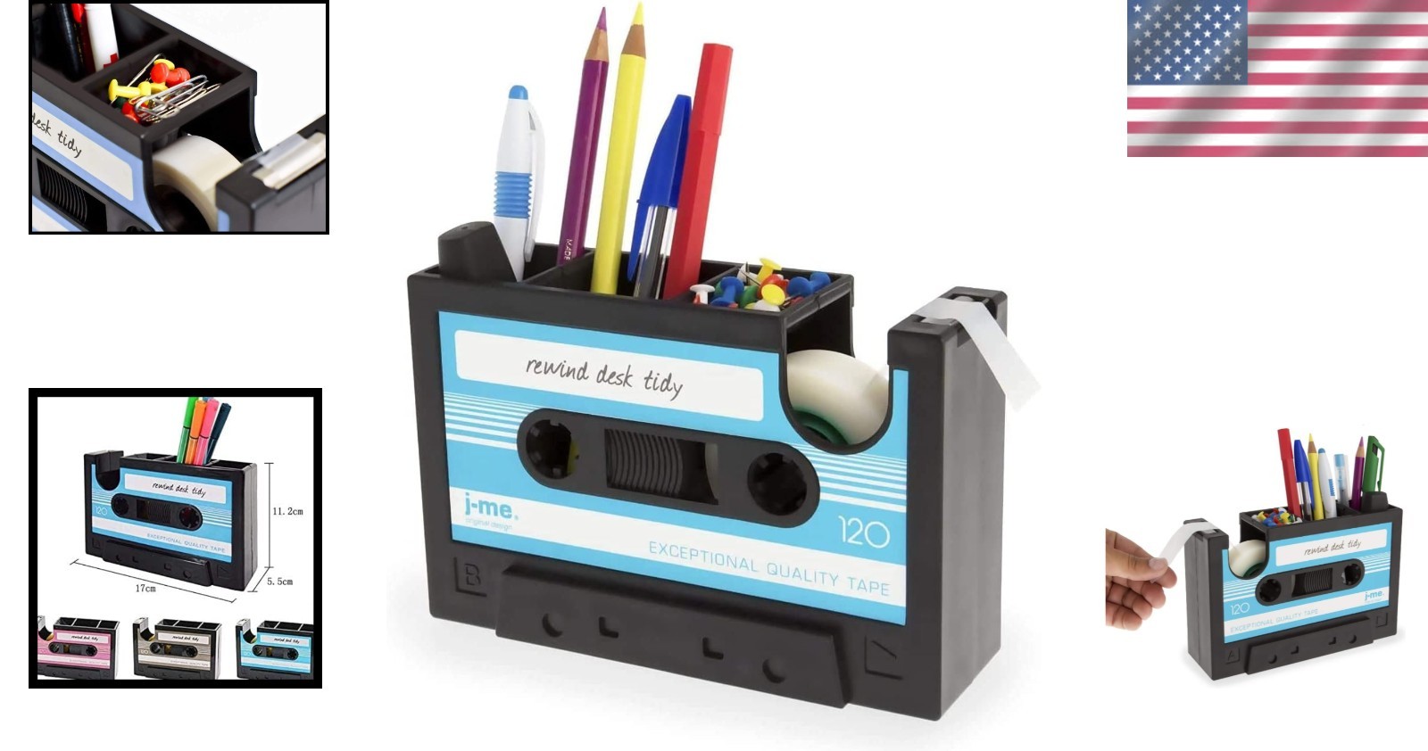 Blue Multifunctional Cassette Tape Dispenser & Pen Holder for Creative Spaces