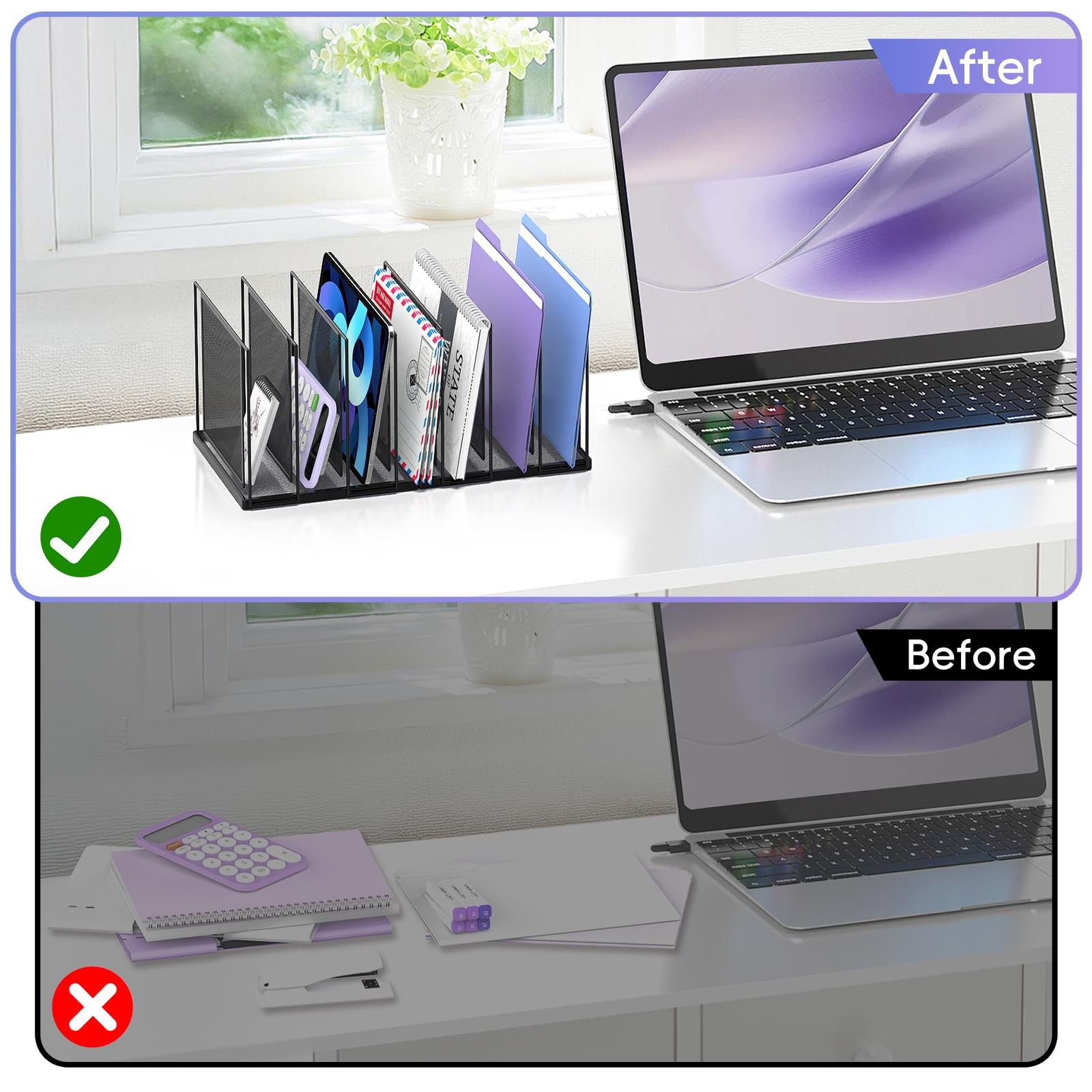 Black 7Section Vertical Desk File Organizer Standing Metal Sorter Paper