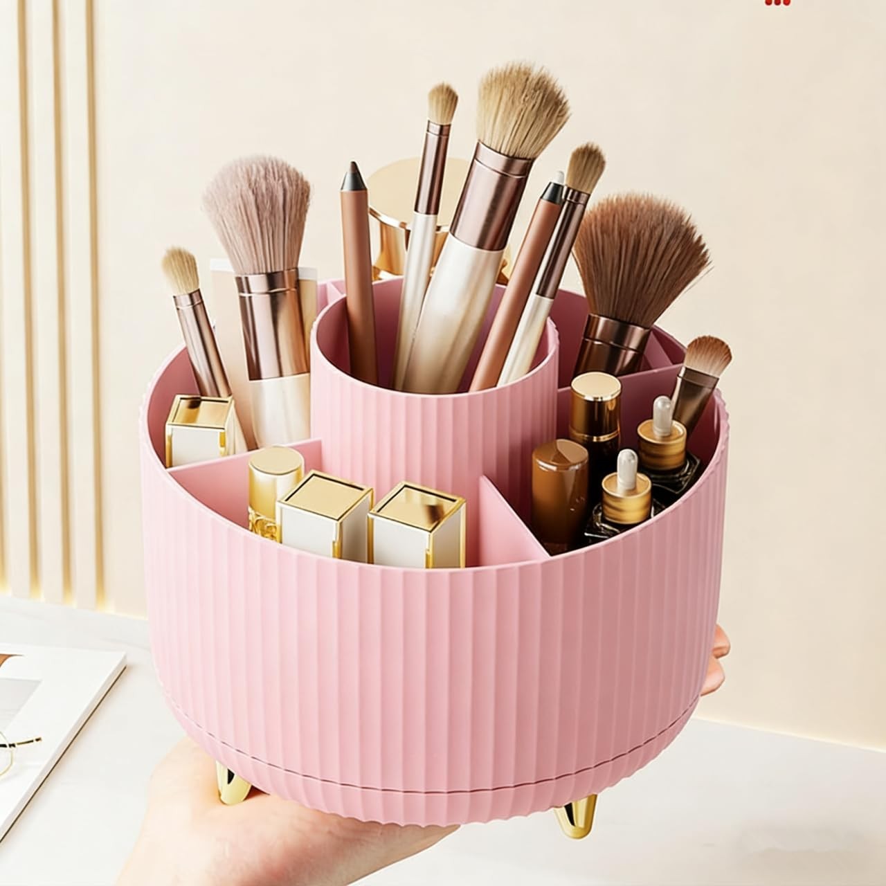 360 Degree Rotating Makeup Brush Holder Organizer Detachable Small, Pink2