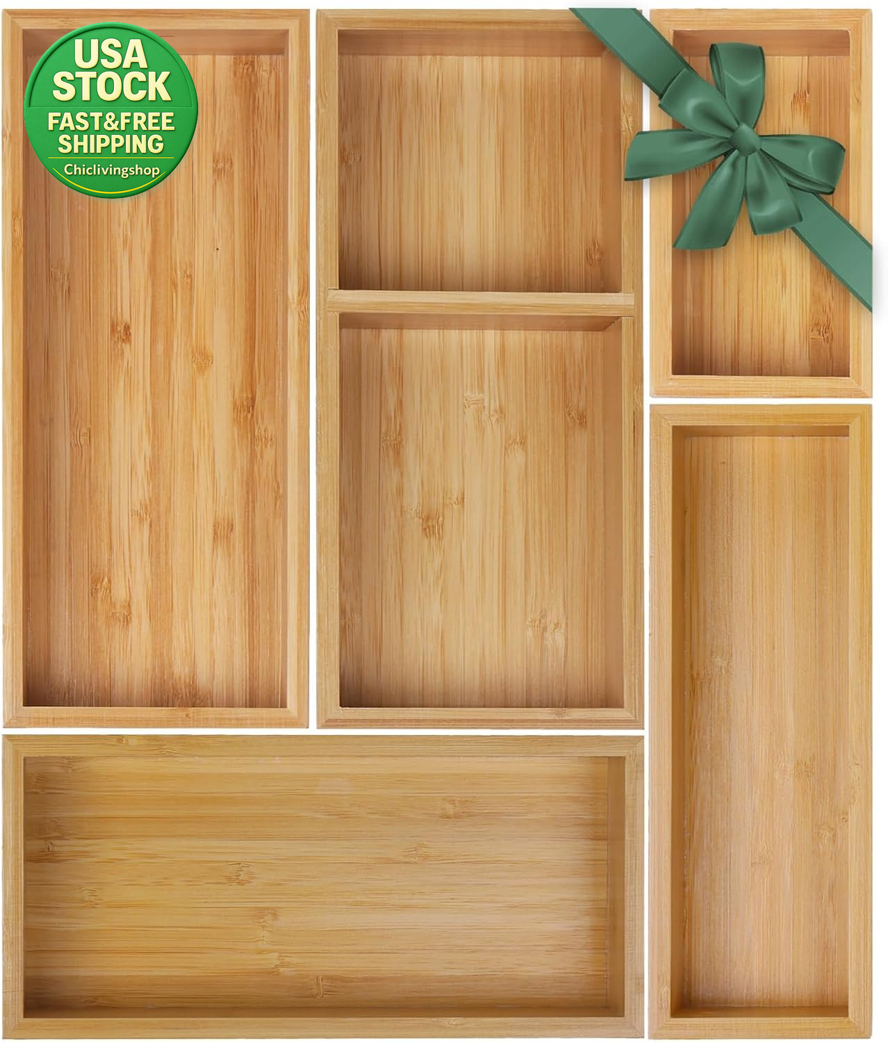 Bamboo Drawer Organizer Set 5 PCS Storage Dividers Trays for Kitchen Office