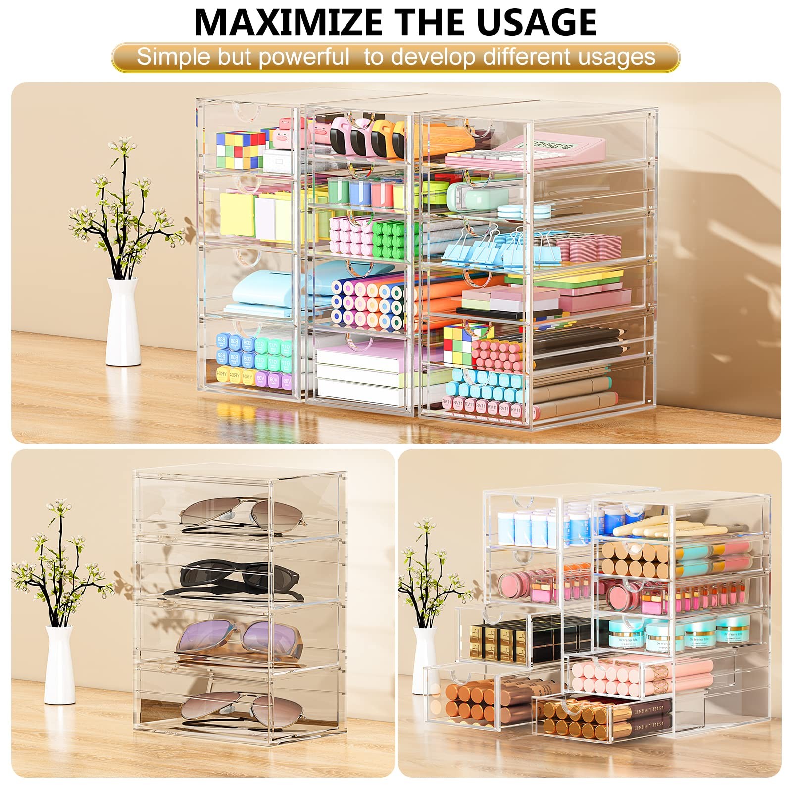 Acrylic 3 Pack Desk Organizers and Accessories, Makeup 15 Drawers, Clear