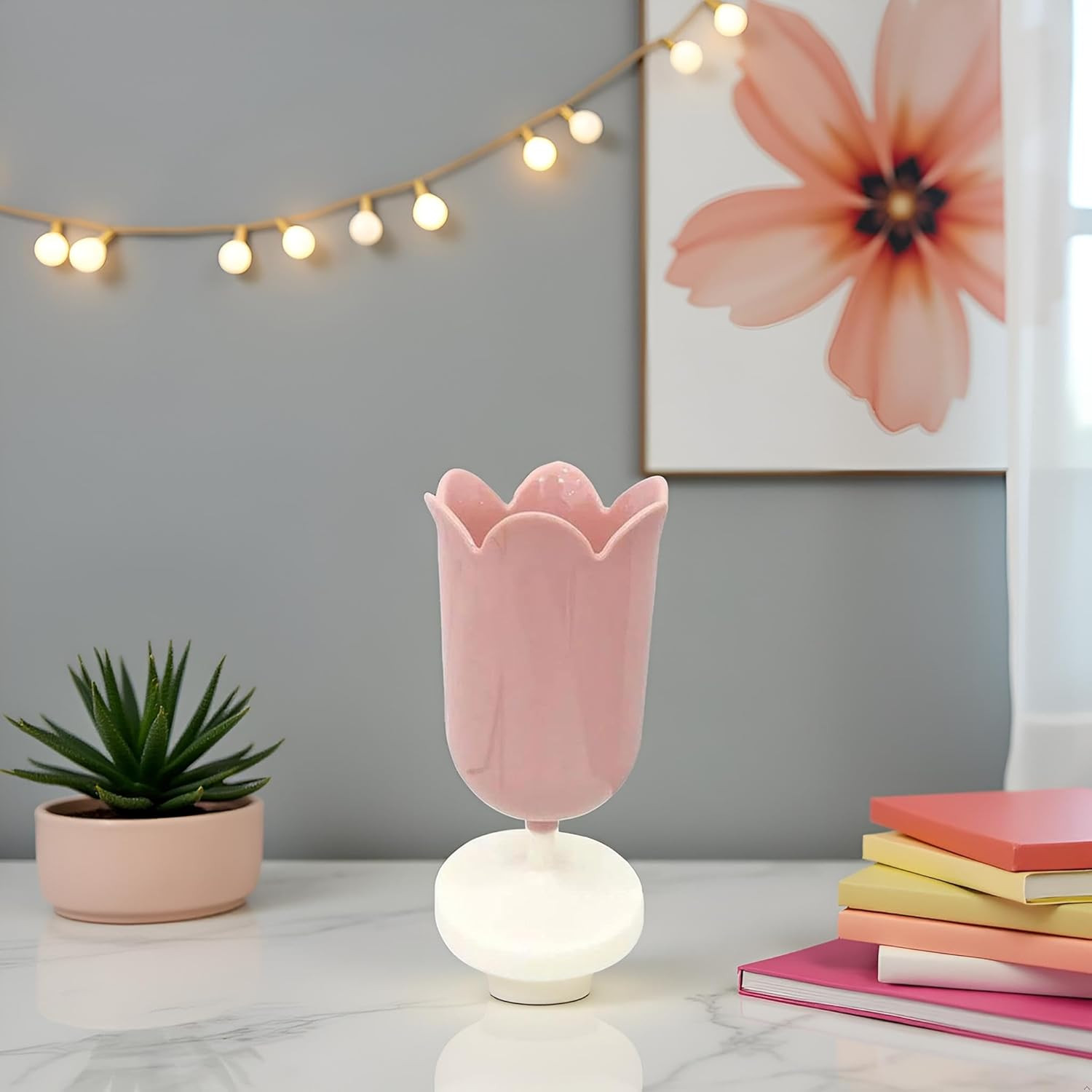 Pink Plastic Tulip Pen Holder Cute Pens Cup for Desk Pen Brush Organizer Office
