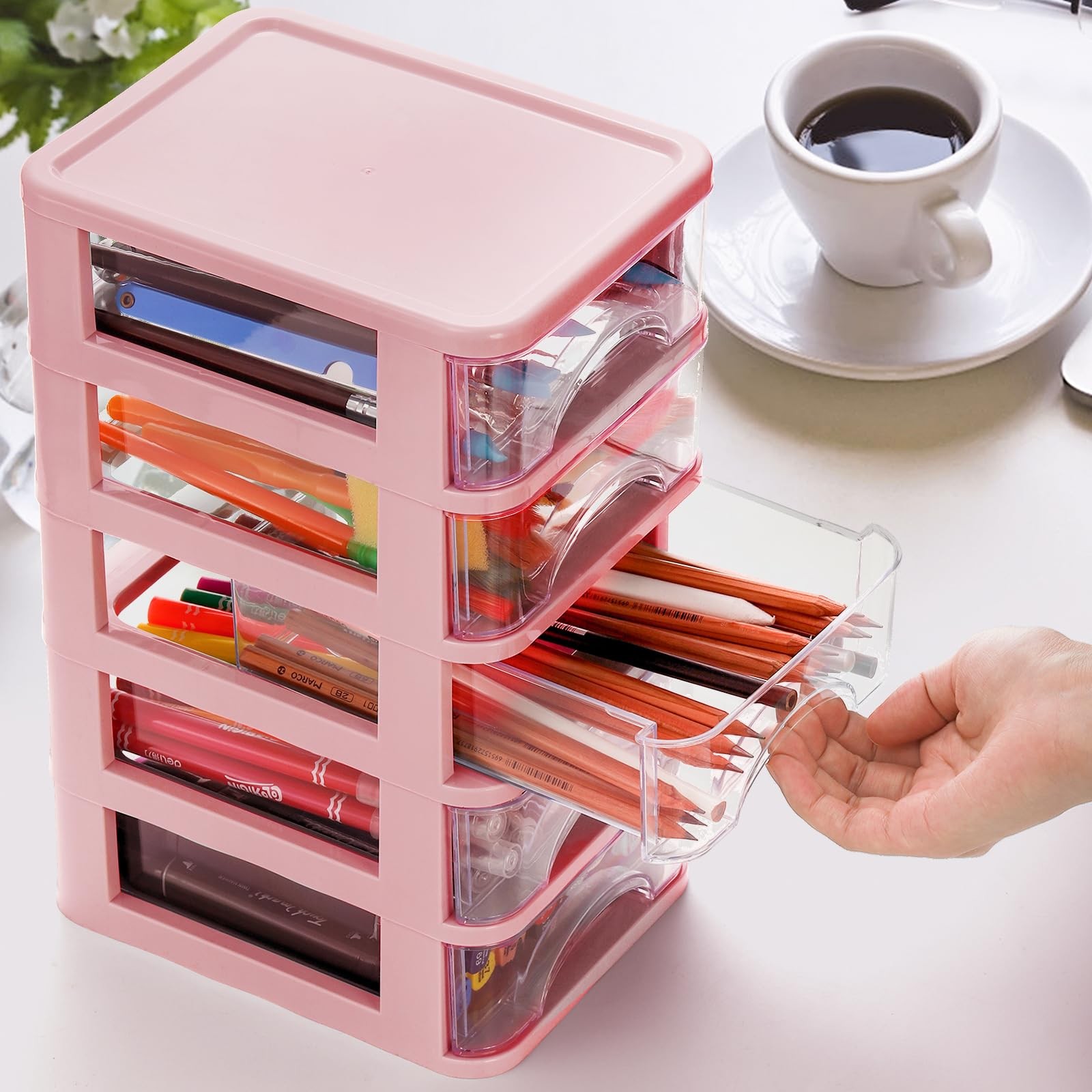 Hedume Desktop Drawer, Clear 5-Drawer Storage Unit, Small Pink,