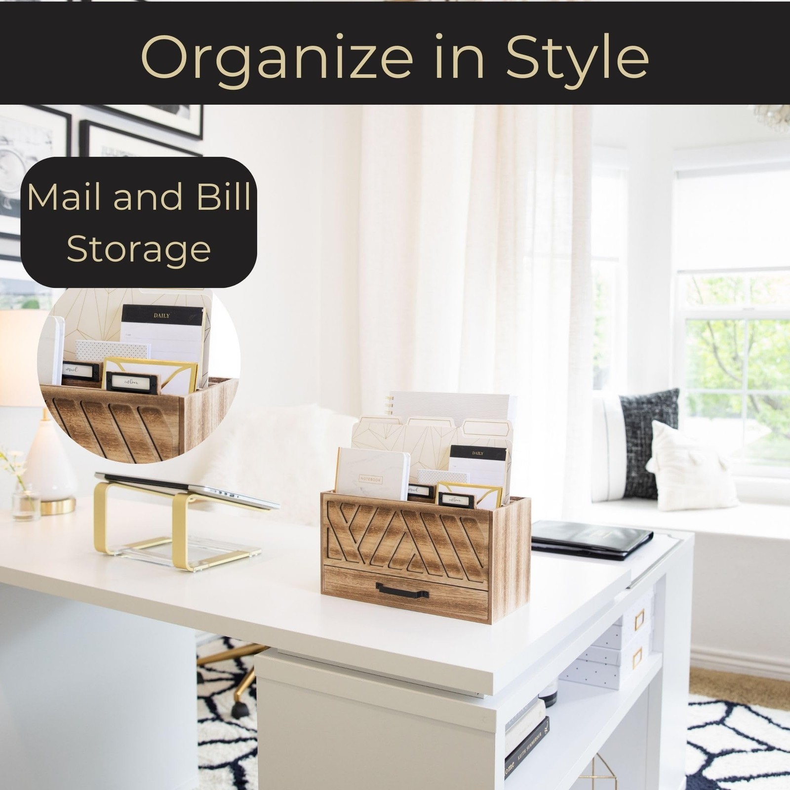 BLU MONACO | Natural Wood Desktop Mail Organizer with Drawer | wood