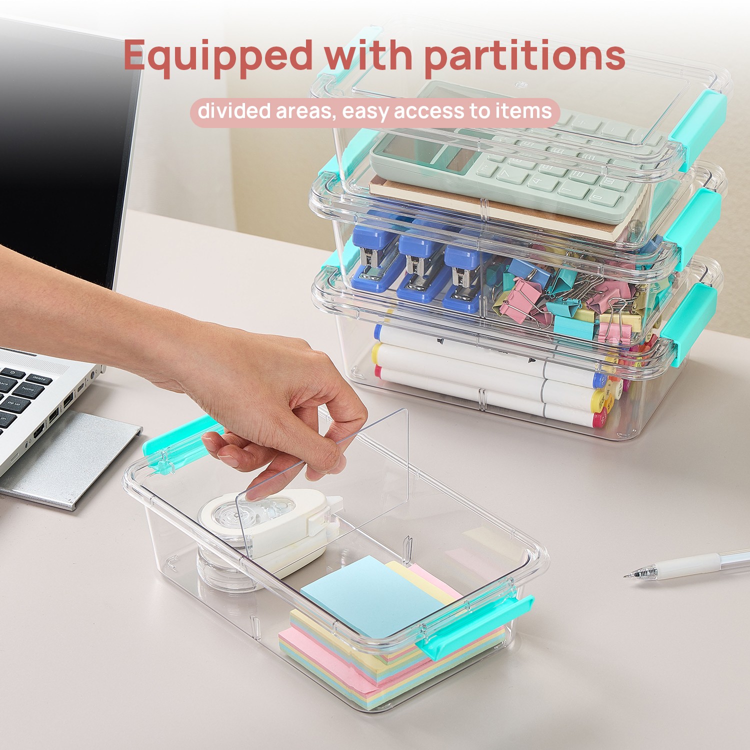 4 Pack 1.5Qt Clear Pencil Box, Plastic Pencil Holder with Removable Divider