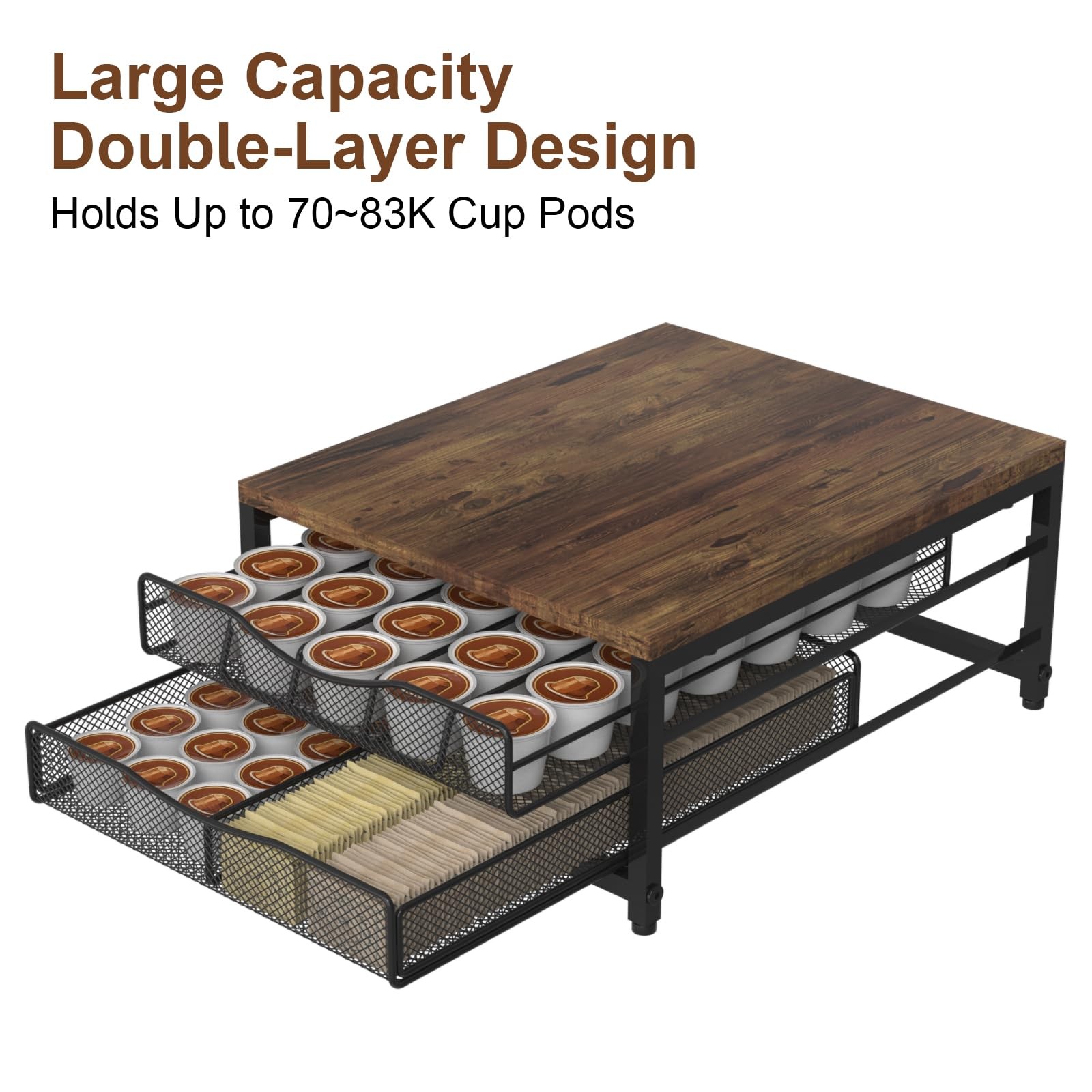 VyGrow Coffee Pod Holder For Counter, Double Layer Sliding Drawer, brown