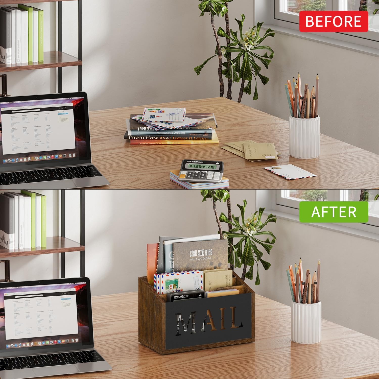 Mail Holder with 3 Compartments Countertop Sorter for Desk Wall Mounted