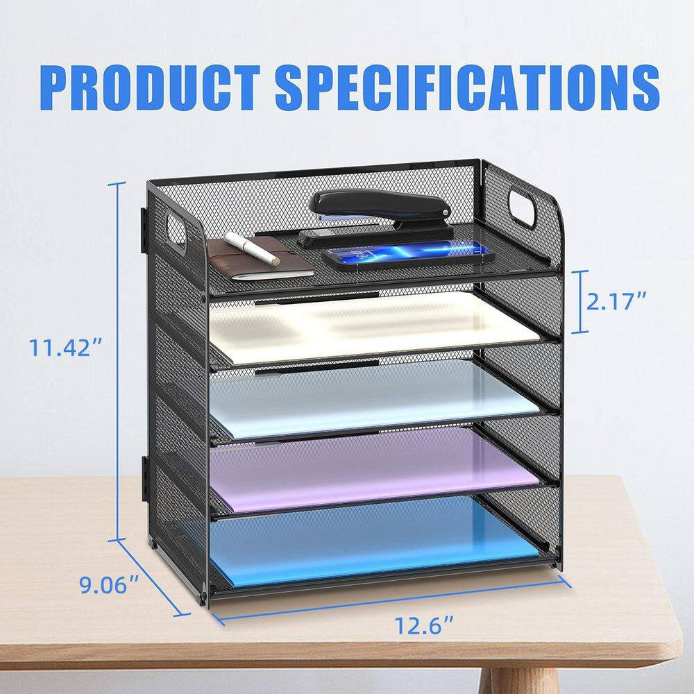 Black 12 In. X 11.22 In. Mesh Steel Wire Paper Tray Organizer with Handle for Of