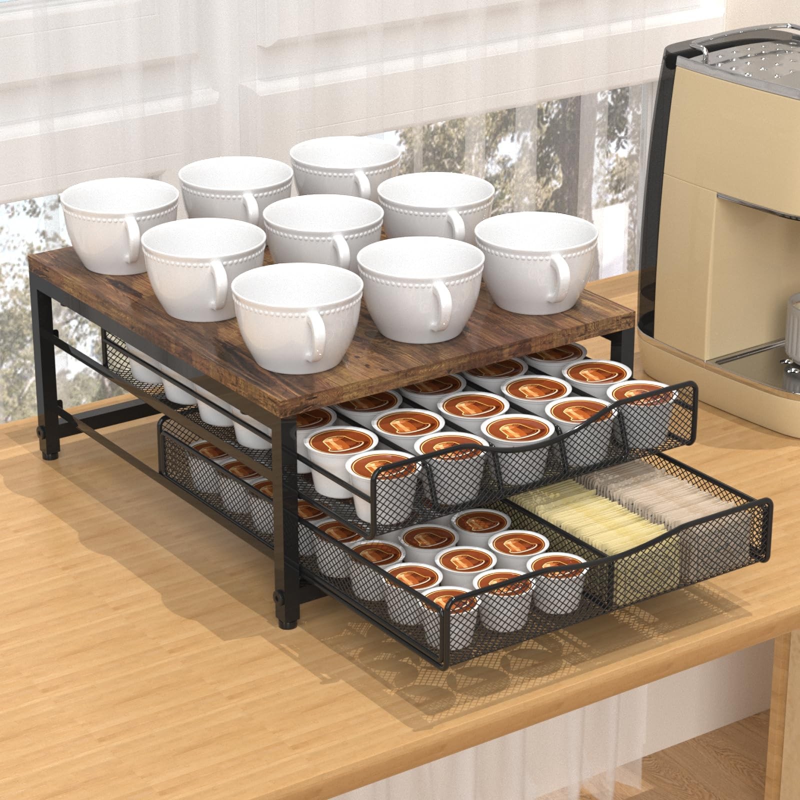 VyGrow Coffee Pod Holder For Counter, Double Layer Sliding Drawer, brown