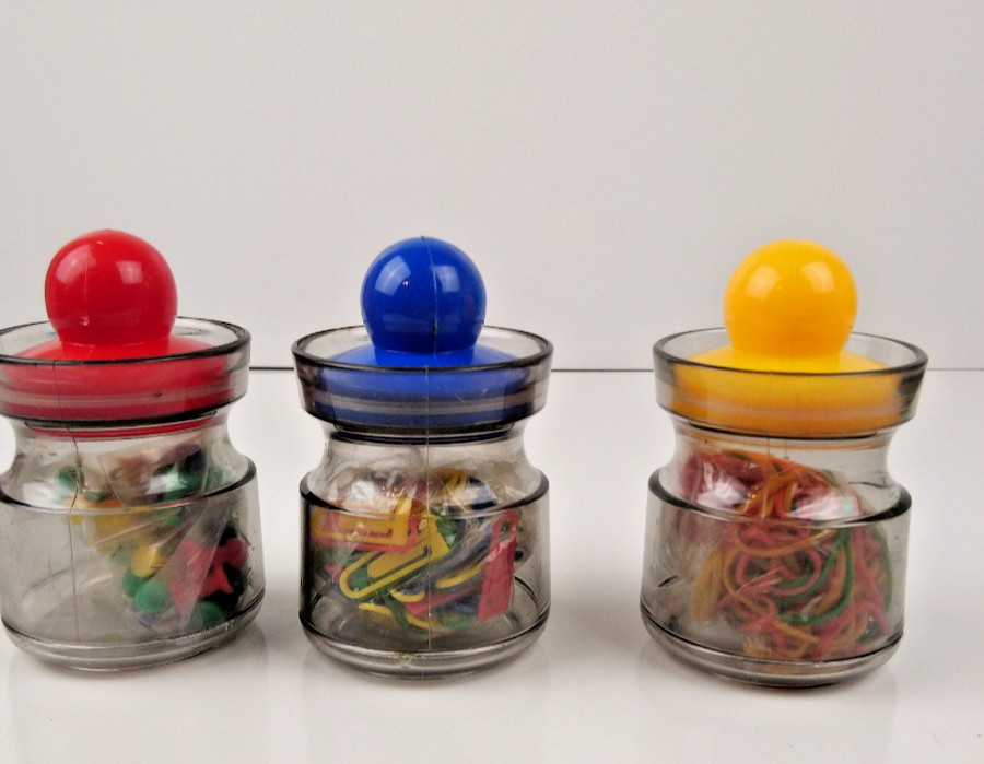 VTG 1970’s Space Age Jars With Office Supplies Acrylic Red Yellow Blue