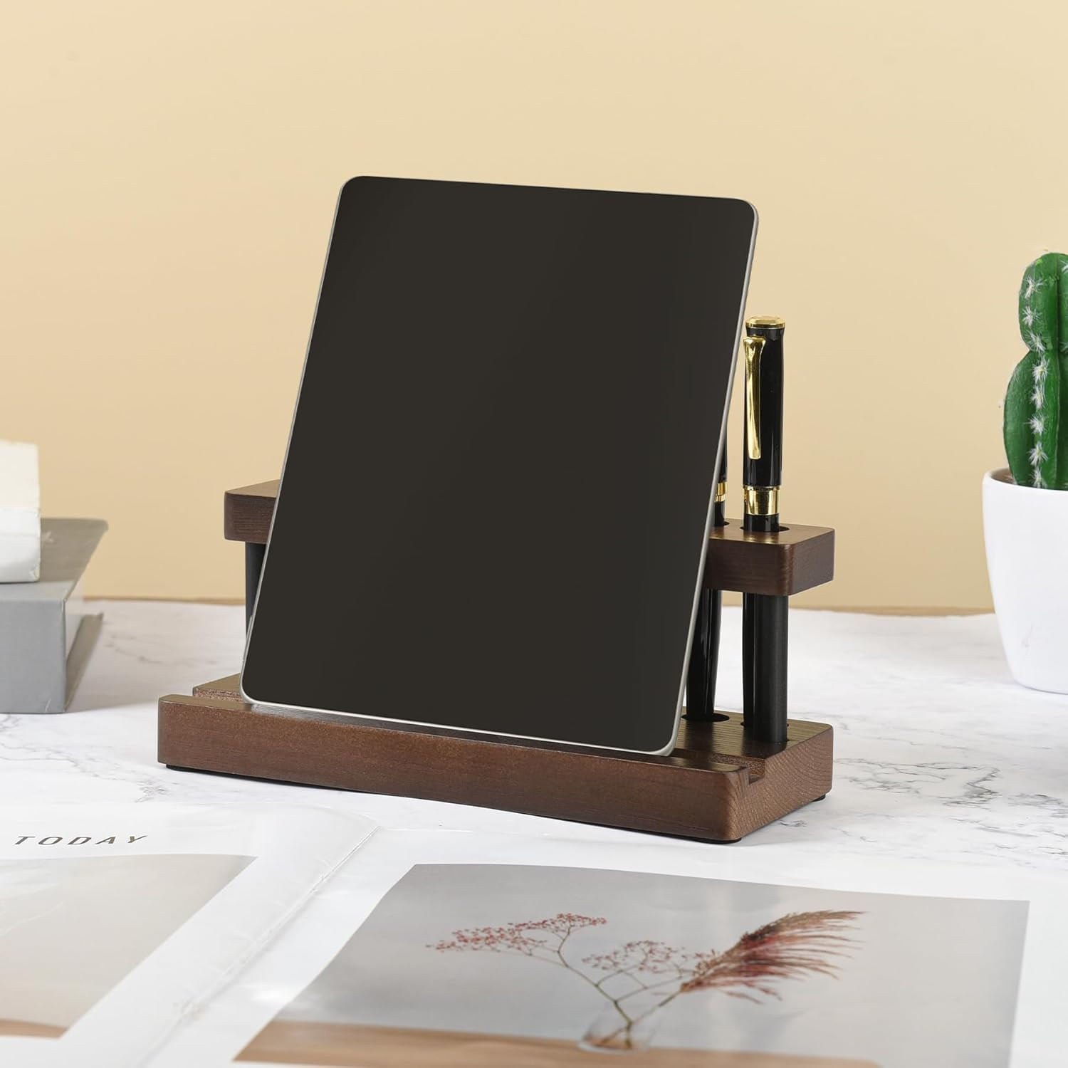 Wooden Desk Pen Holder Organizer 9 Slot Pencil Stand Phone Storage Rack Office