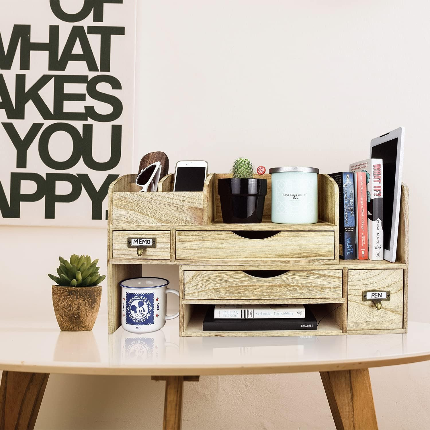 Large Extendable Wooden Desktop Organizer for Office Supplies, Storage Shelf Rac