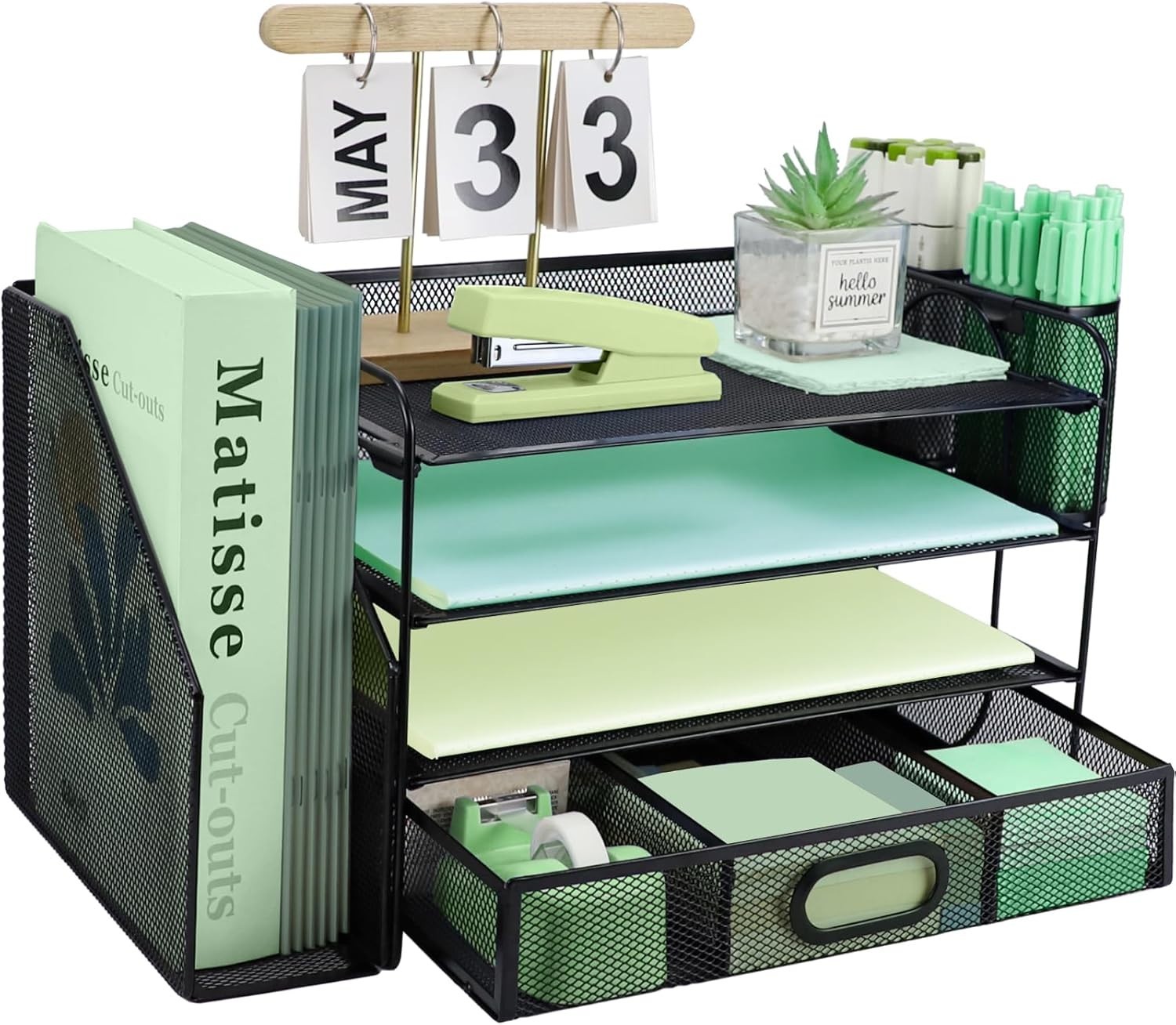 4 Tier Metal Desk File Organizer Vertical Sorter Paper Tray and Drawer Black