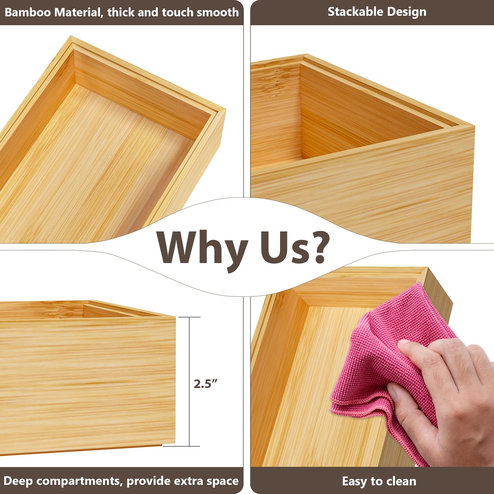 Greatseas Kitchen Drawer Organizer Tray, Stackable 17 x 6 x 2.5 Inch, Bamboo