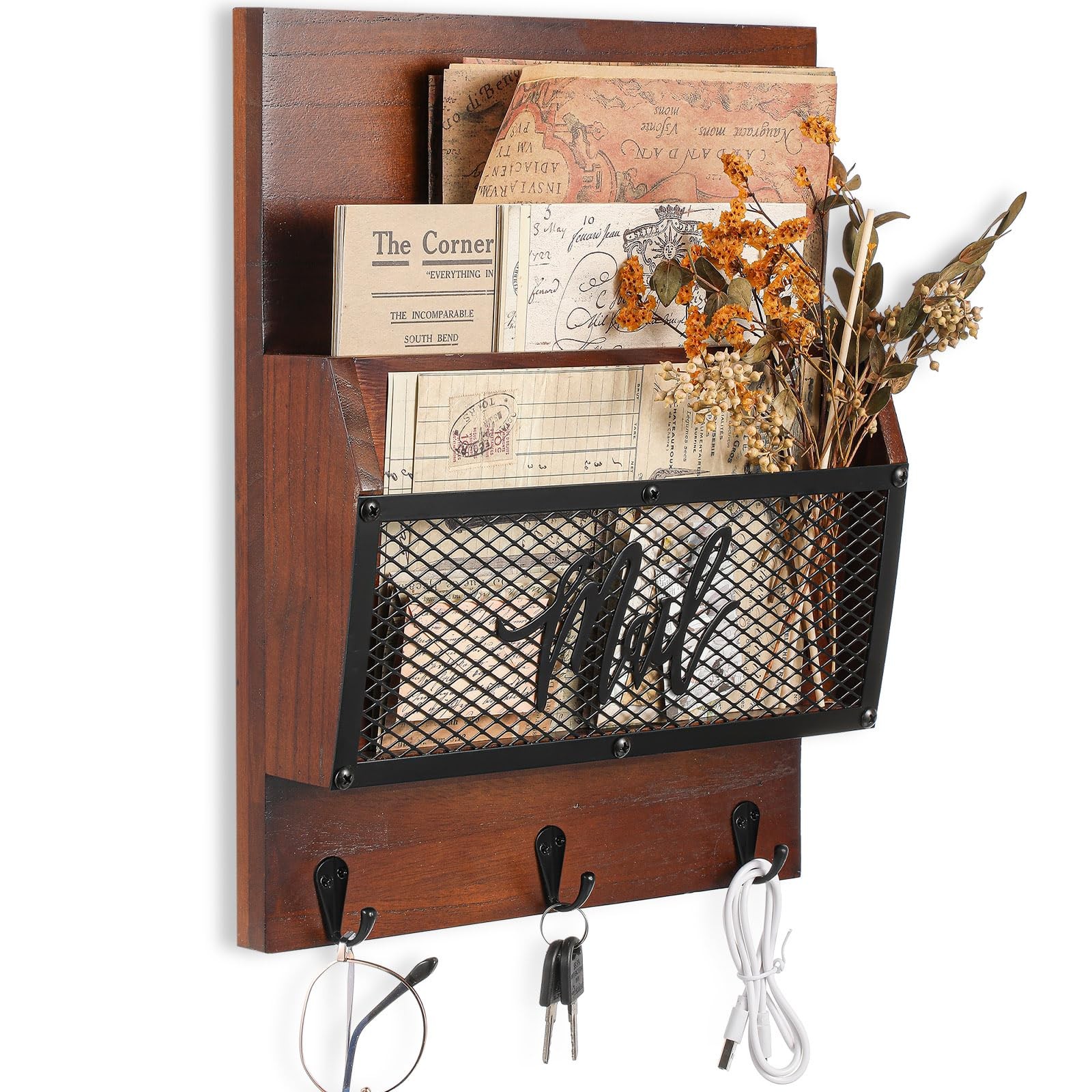 Farmhouse Mail Organizer Wall Mounted Rustic Mail Holder Hanging Key Sorter w…