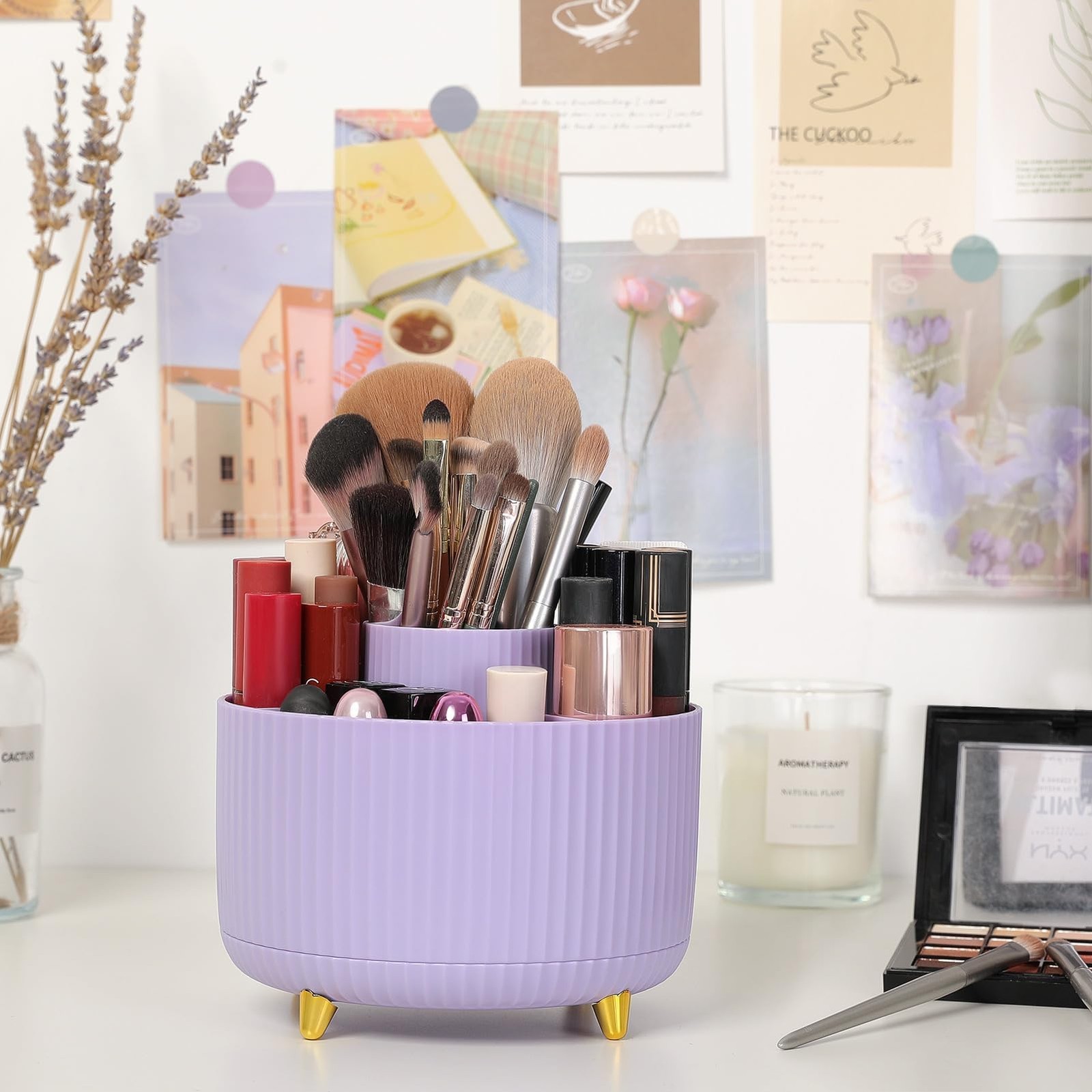 360 Rotating Purple Pen & Art Supply Organizer – 5 Slot Desk Organizer for Of…