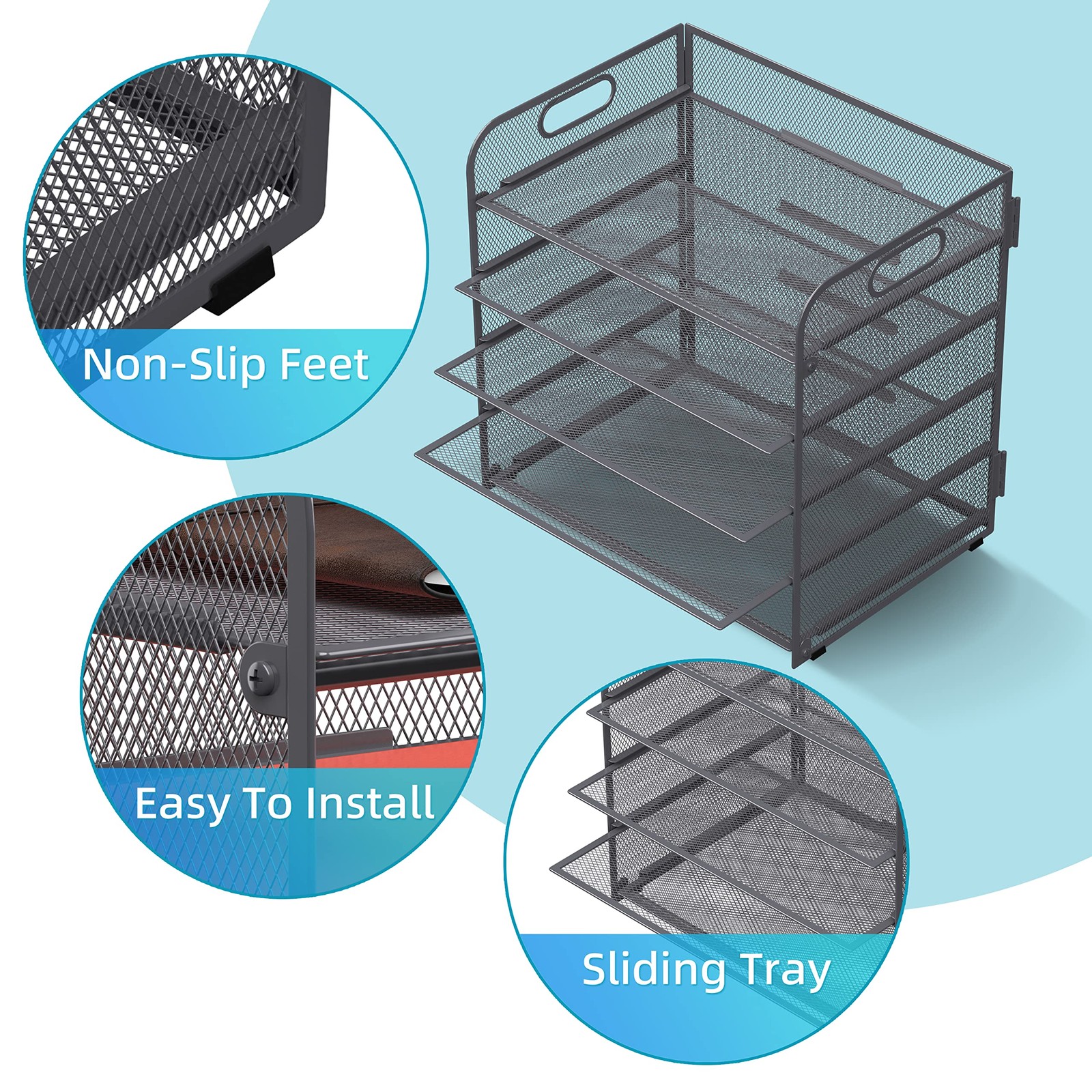 5Tray Mesh Desk Organizer with Handle, Grey Paper Sorter