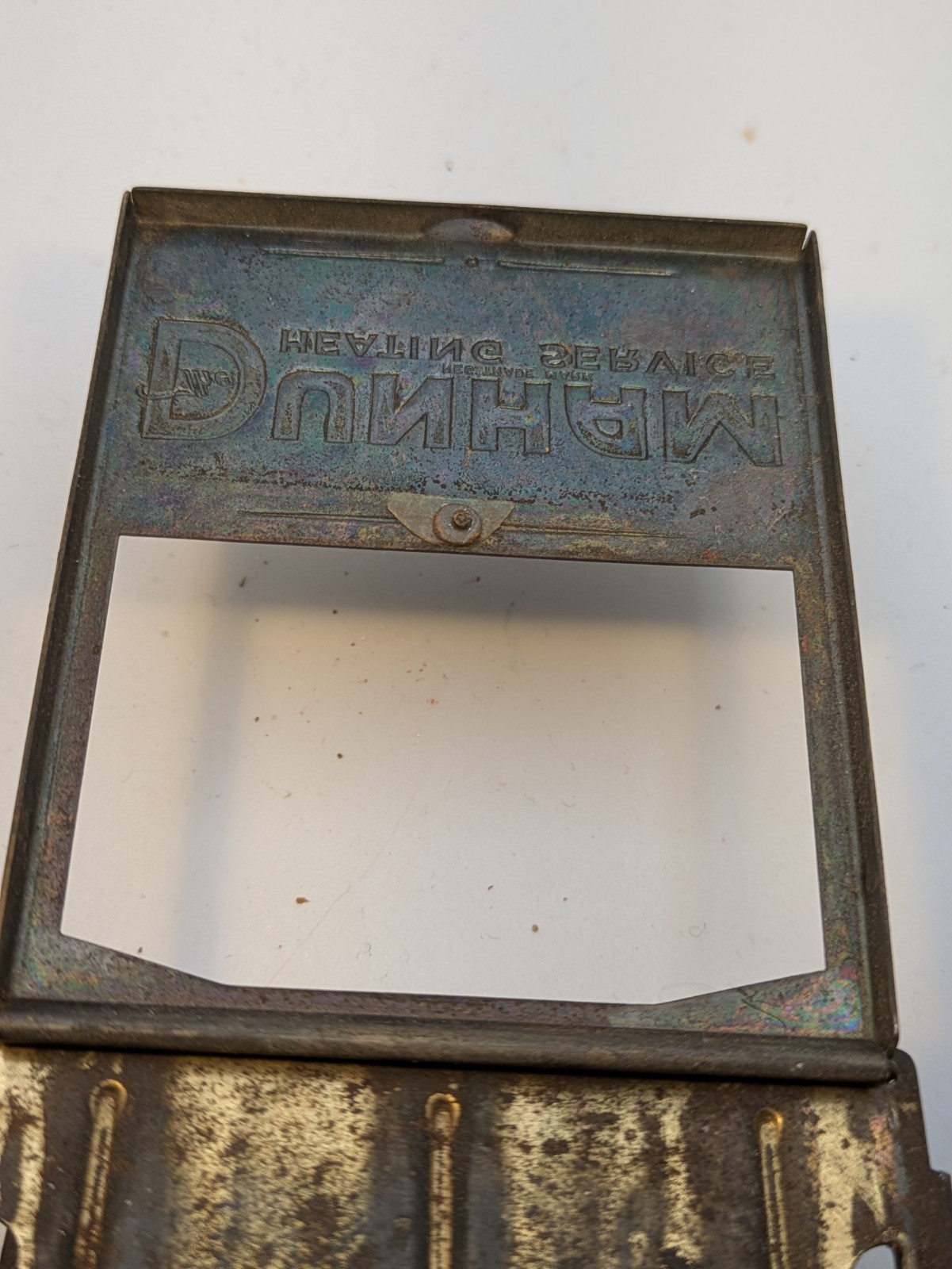 Vintage Brass The Dunham Heating Service Advertising Desk Clip w Lift Up Window