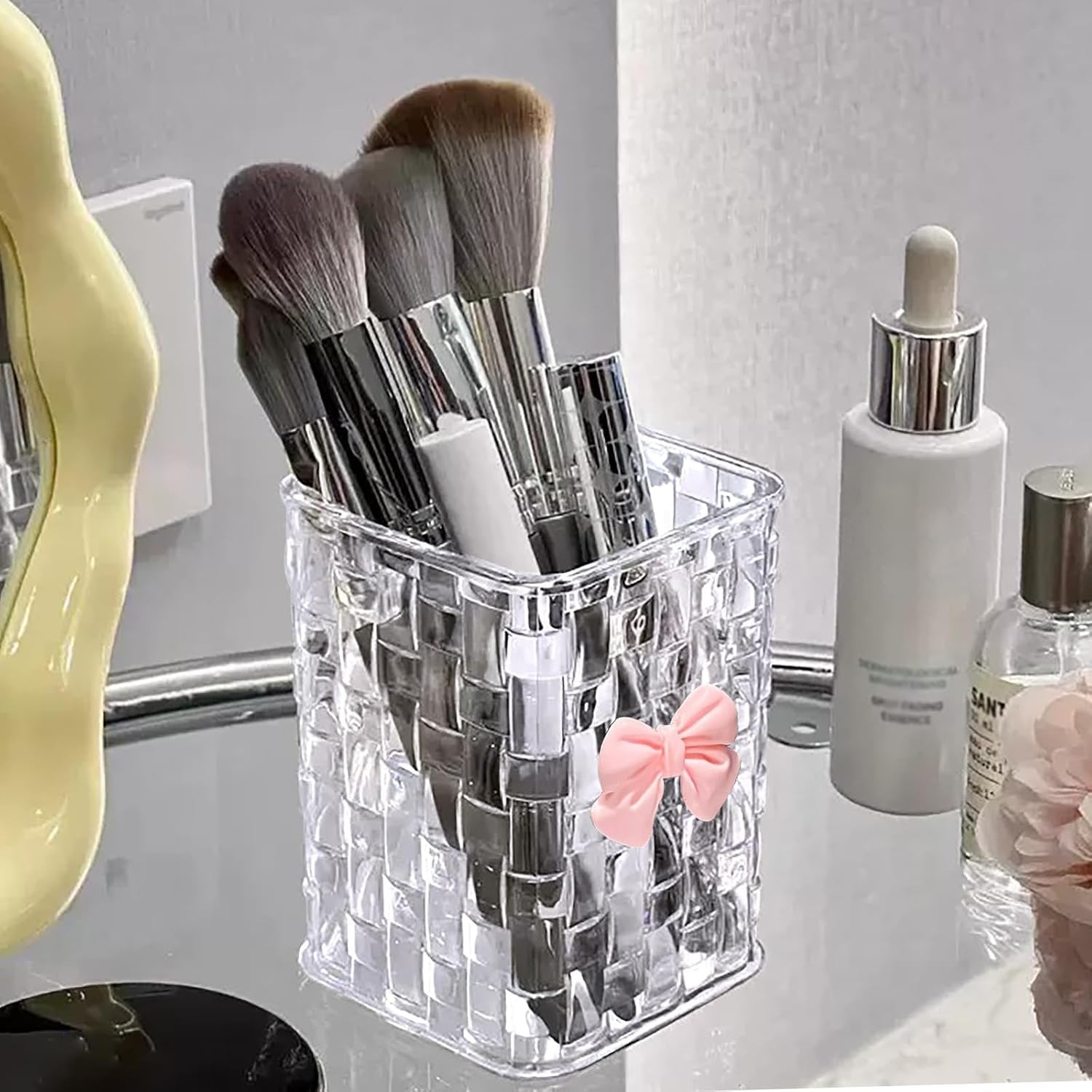 Clear Acrylic Desk Pen Holder, Non-Slip Pencil Organizer with Bow Decoration, Mu