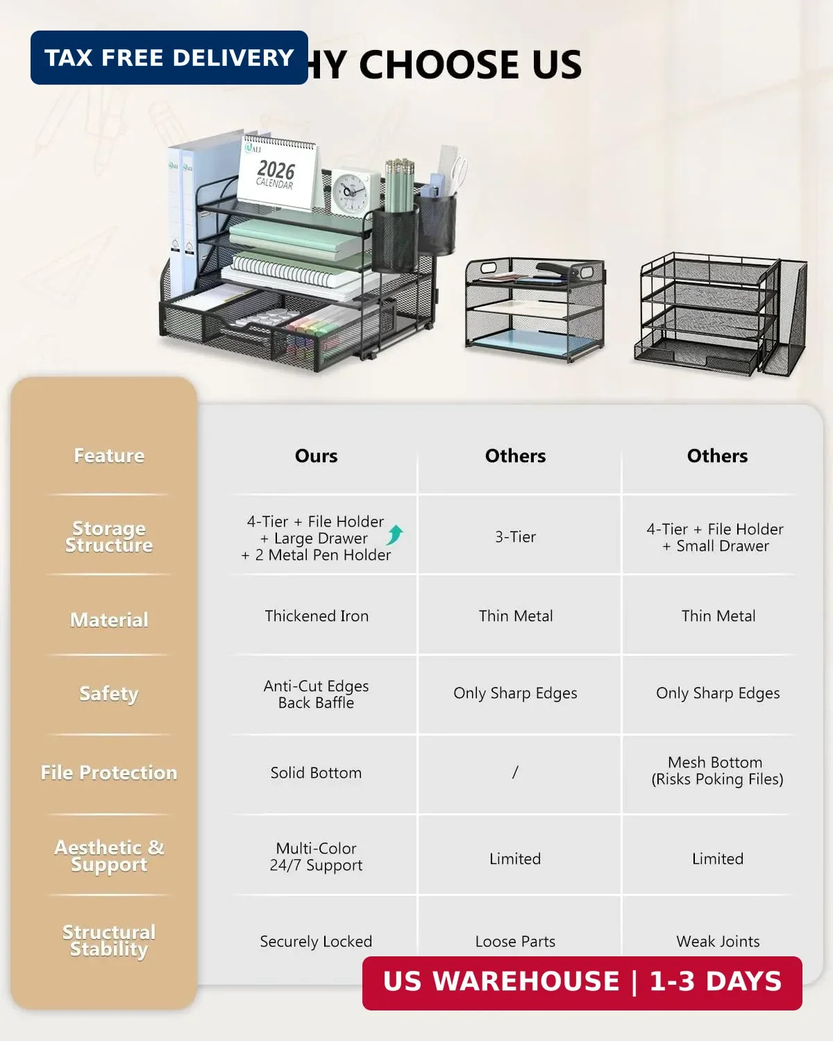 WALI Desk File Organizer, 4 Tier Desktop Paper Letter Tray Organizer with Drawer