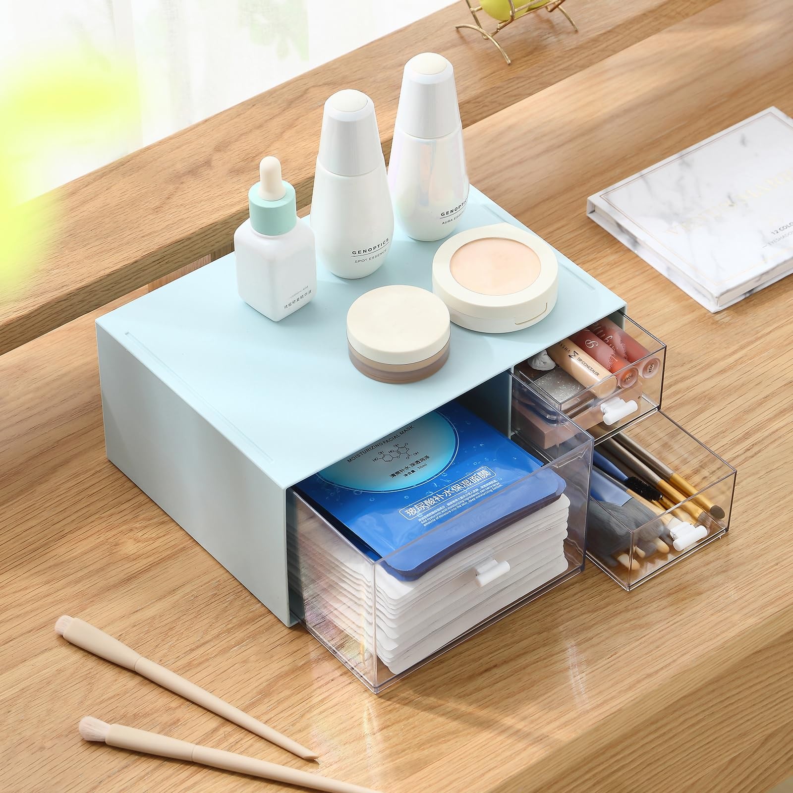 Marknor Desk Organizer with 4 Drawers, Makeup Organizer, Plastic Blue