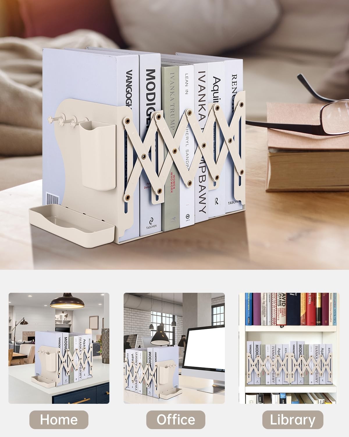 Honagu Adjustable Bookends, Metal Book Ends for Shelves Heavy Milky White