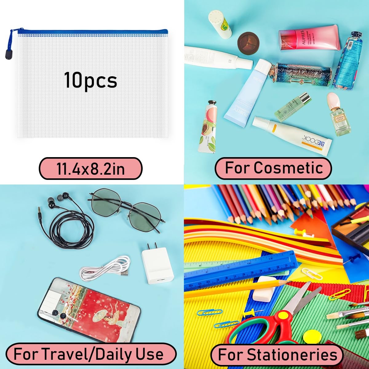10 Pcs Zipper File Bags, Waterproof Plastic Mesh Pouch for Office School, Boa…