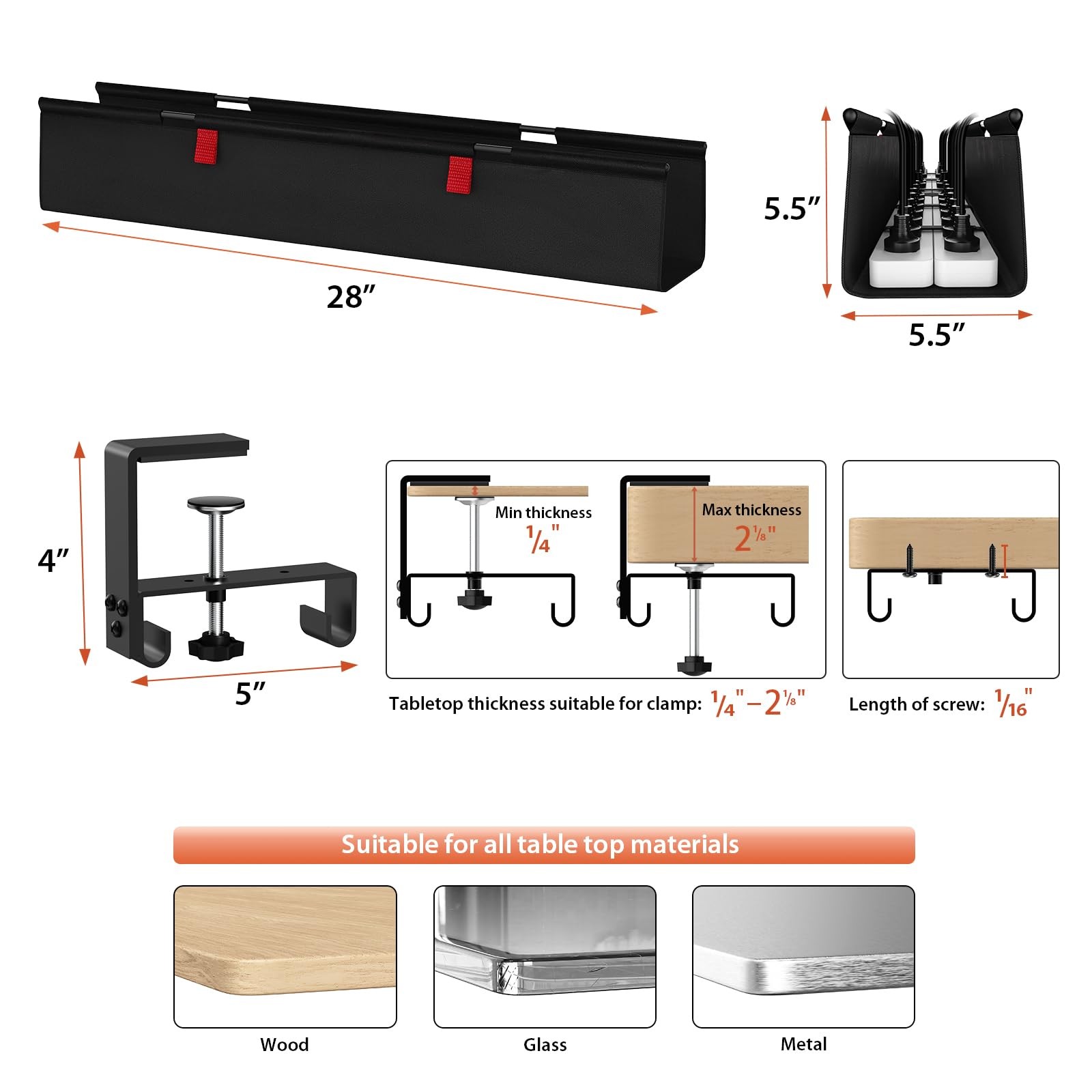Univivi No Drill Under Desk Cable Management Tray, 28″ 28″L x 5.5″W, Black