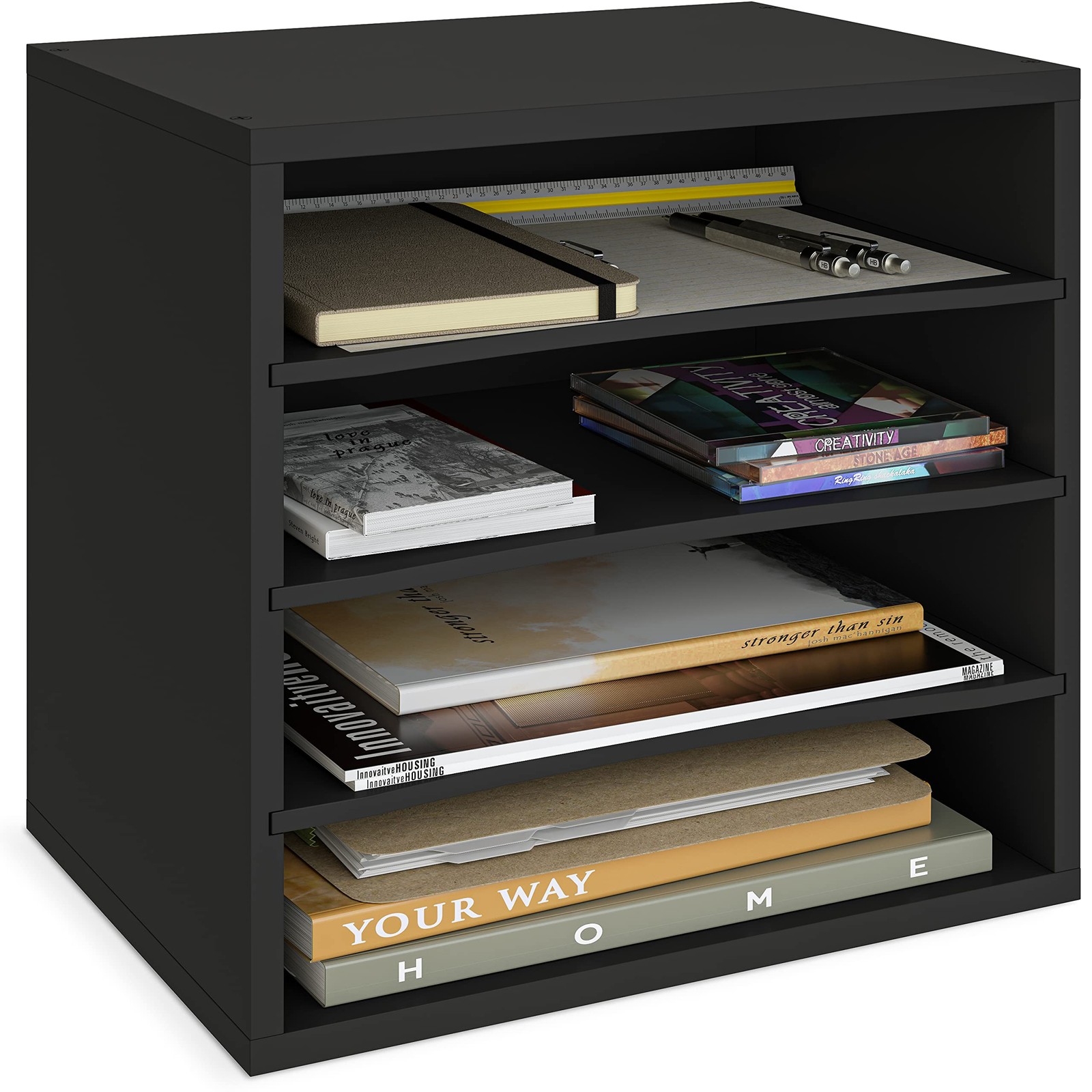 Ballucci 4~Tier Stackable Paper Tray Organizer for Desk, Black