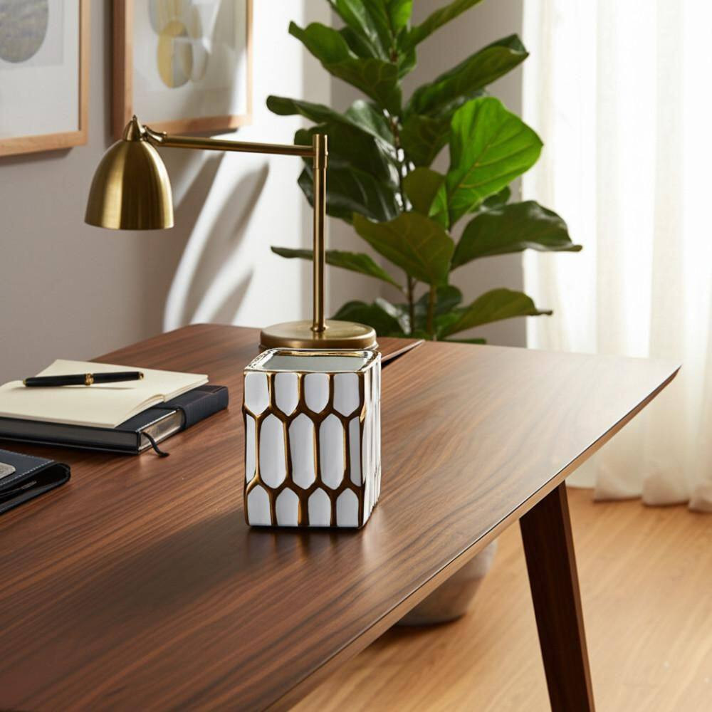 White Gold 3 In. X 4 In. Ceramic Square Pen Holder Desk Accessories with Dynasty
