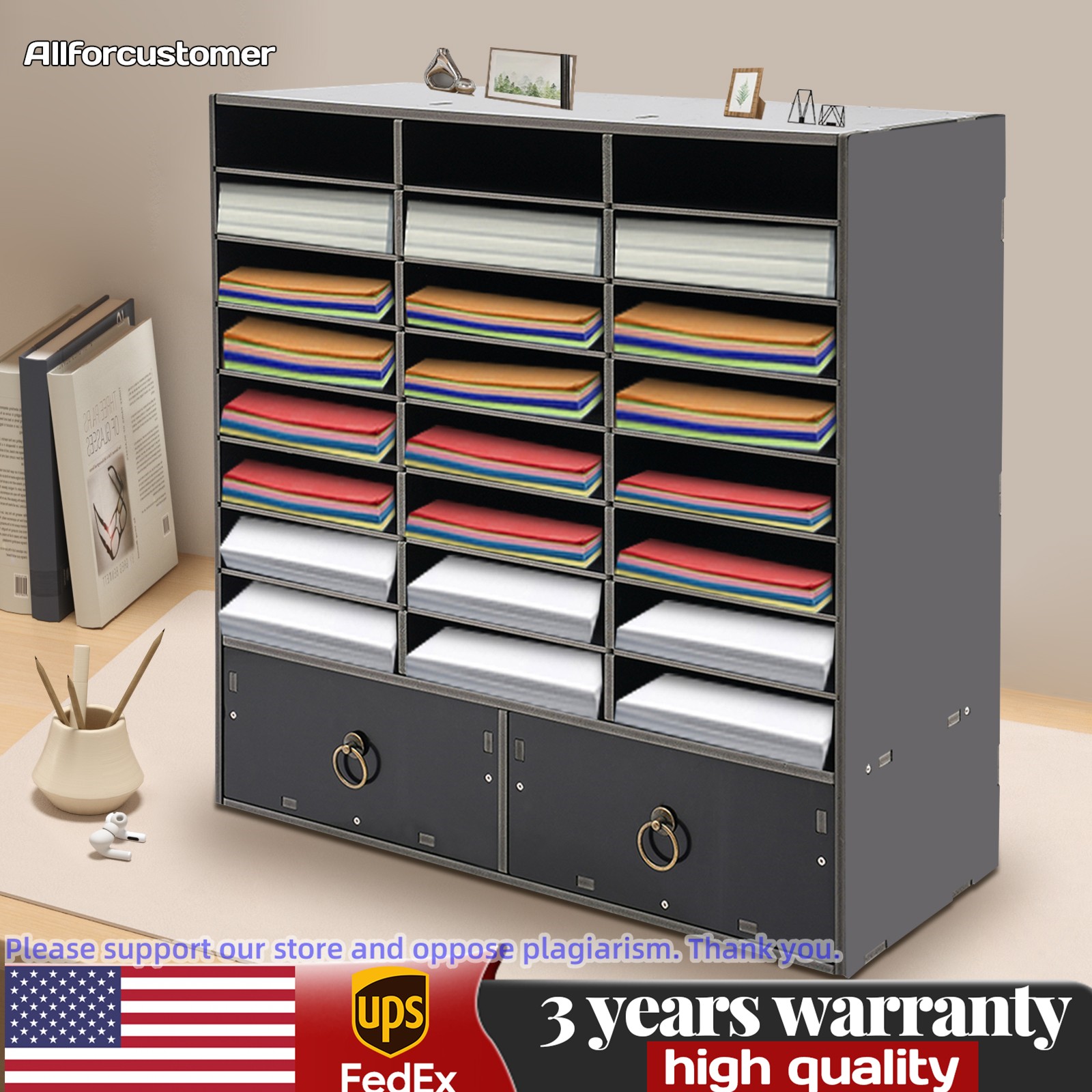 Paper and Mail Organizer, Storage Cabinet with 24 Compartments+2 Drawers Office