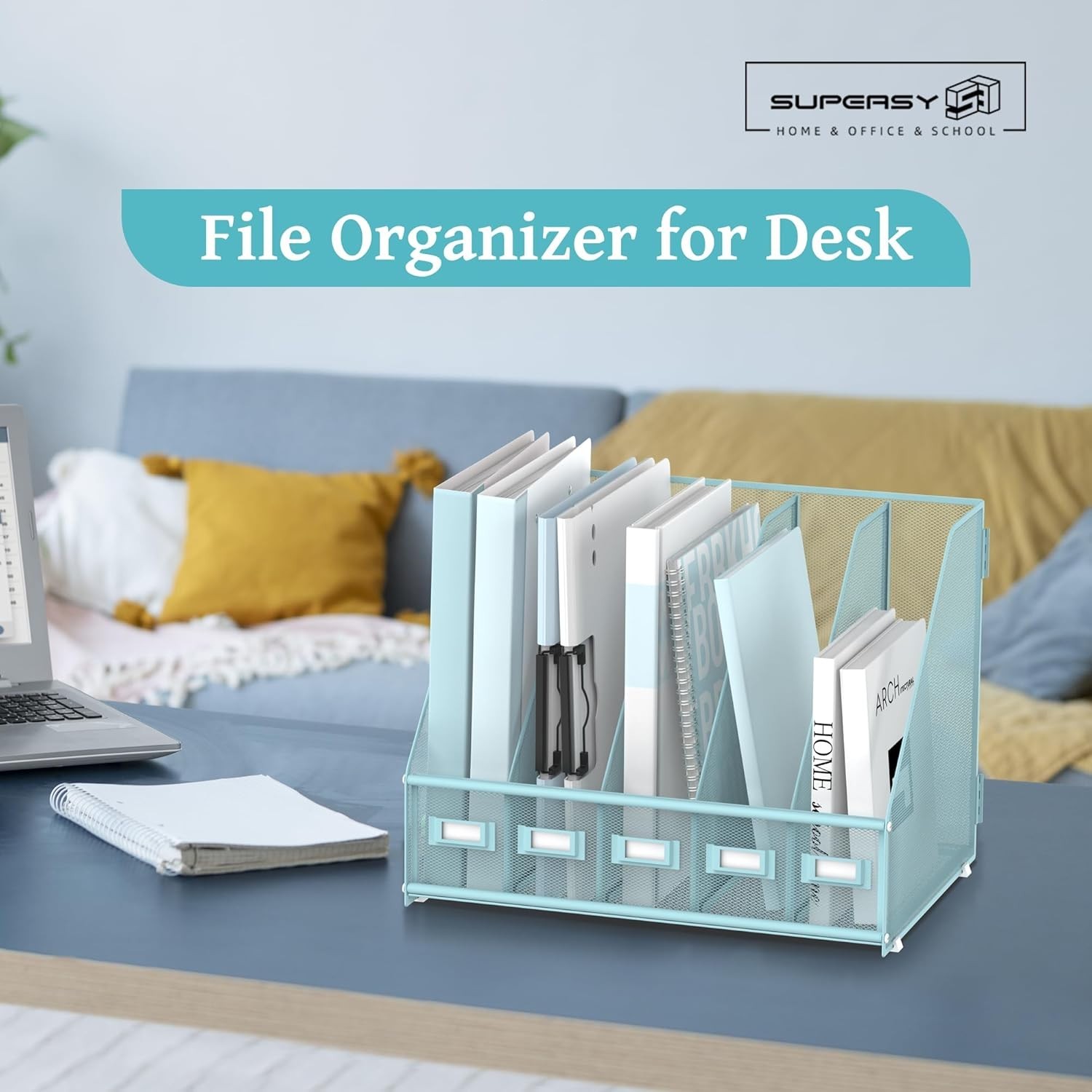Metal Desk File Holder 5 Compartments Magazine Organizer Rack Blue