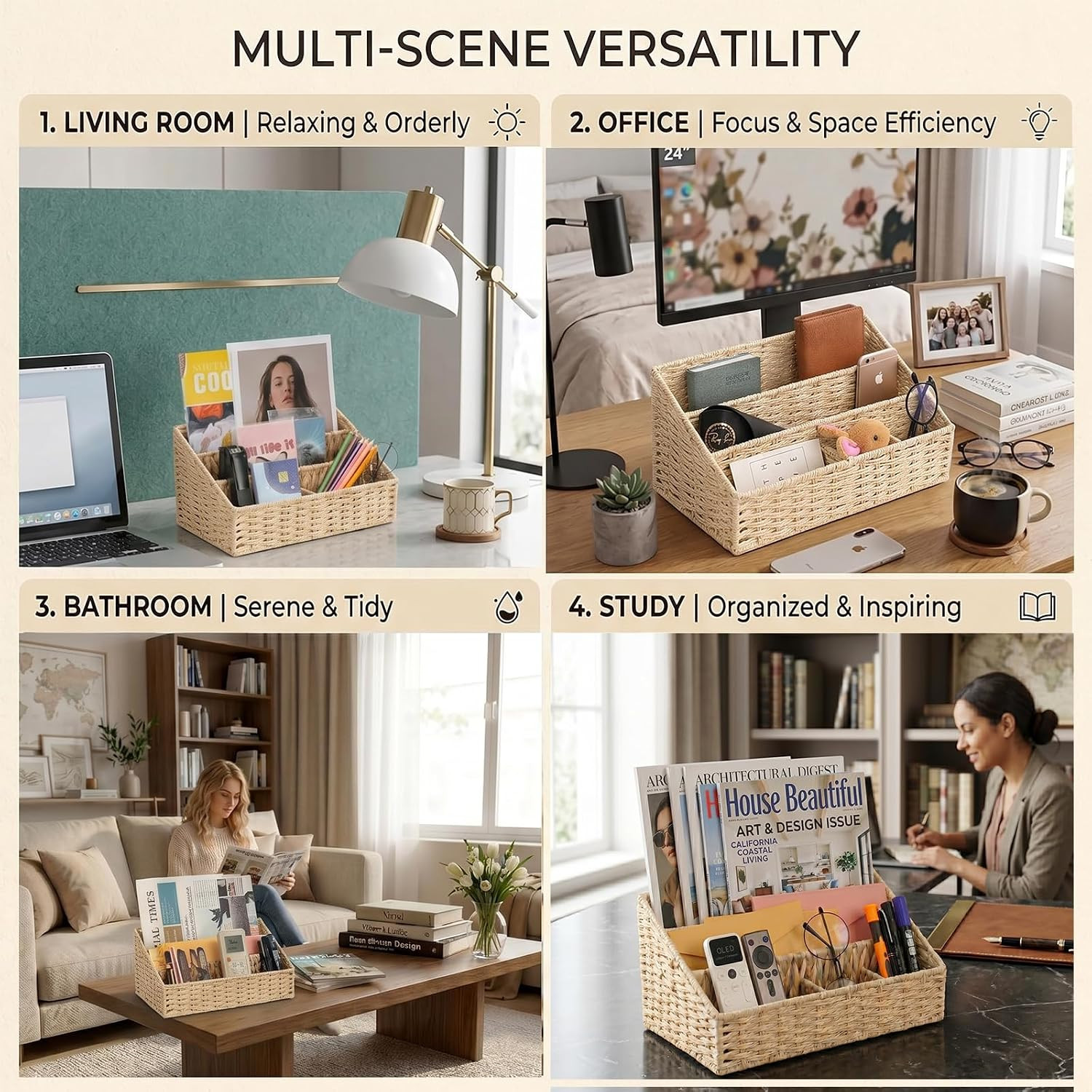Rattan Mail Organizer – Countertop, Desk, Bills, Woven Basket, Magazine Holder